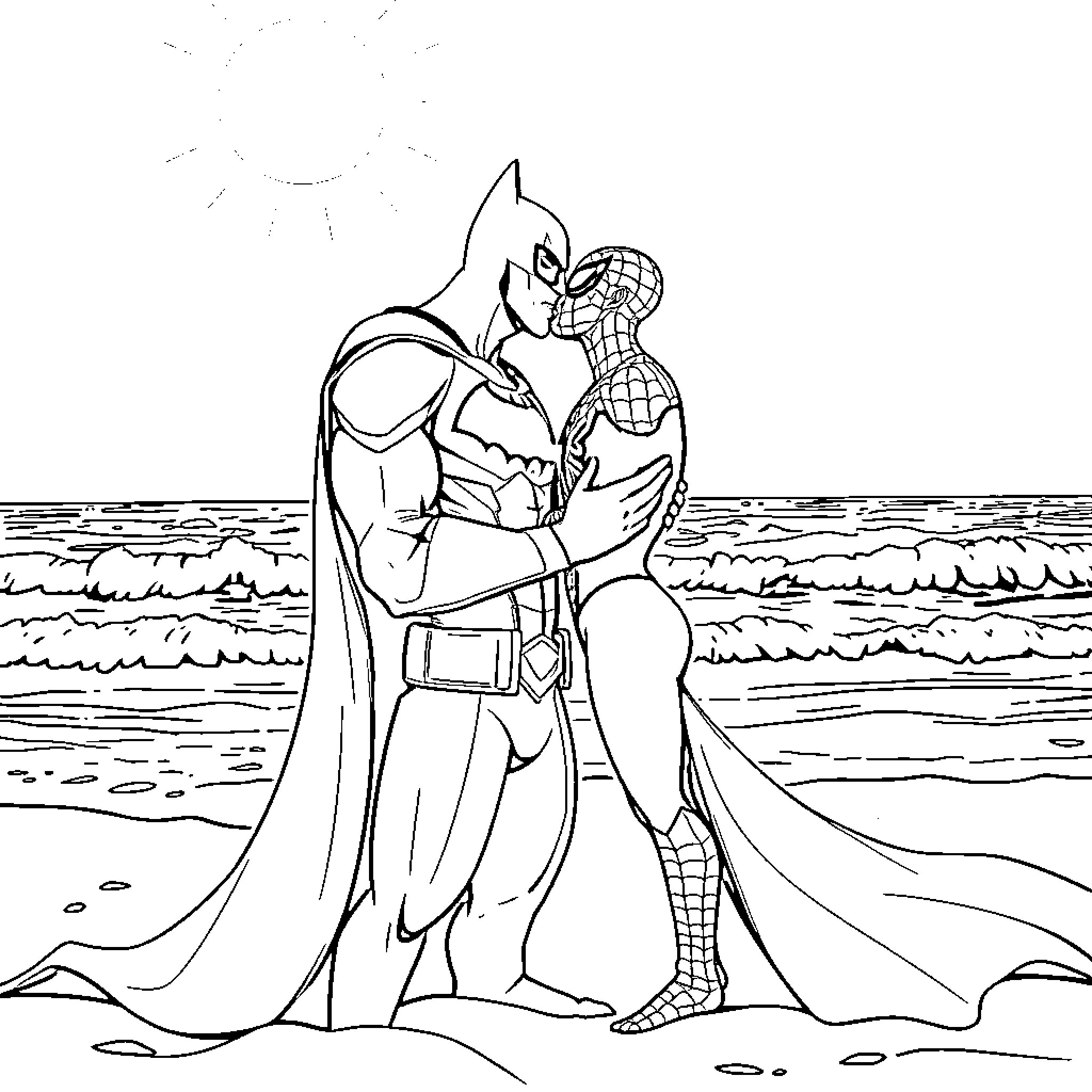 Batman and Spider-Man on the Beach Coloring Page (free black-and-white line drawing printable PDF for all, from beginners to advanced learners, including children, teens, adults, and seniors)