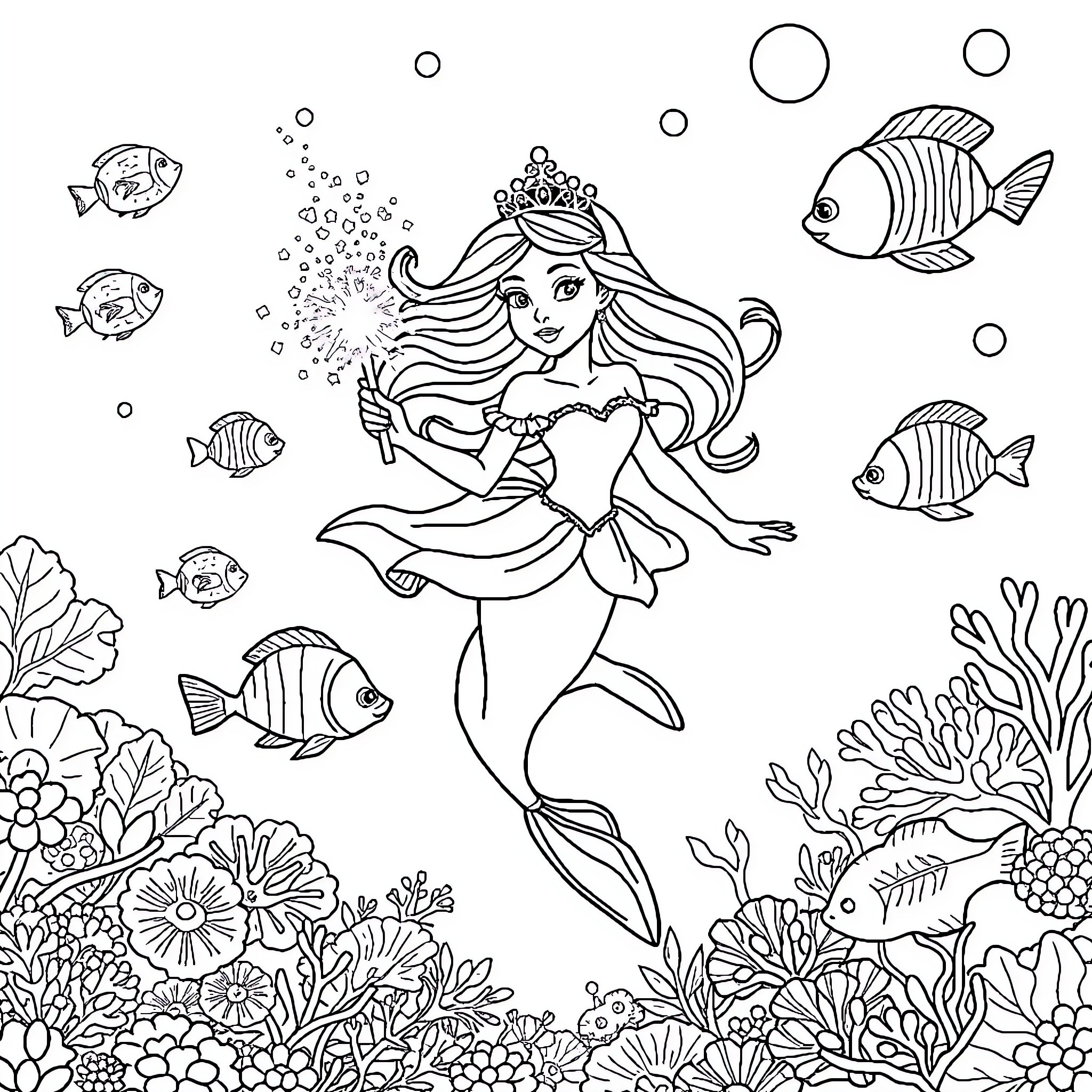 Princess playing in the enchanting underwater garden Coloring Page (free black-and-white line drawing printable PDF for all, from beginners to advanced learners, including children, teens, adults, and seniors)