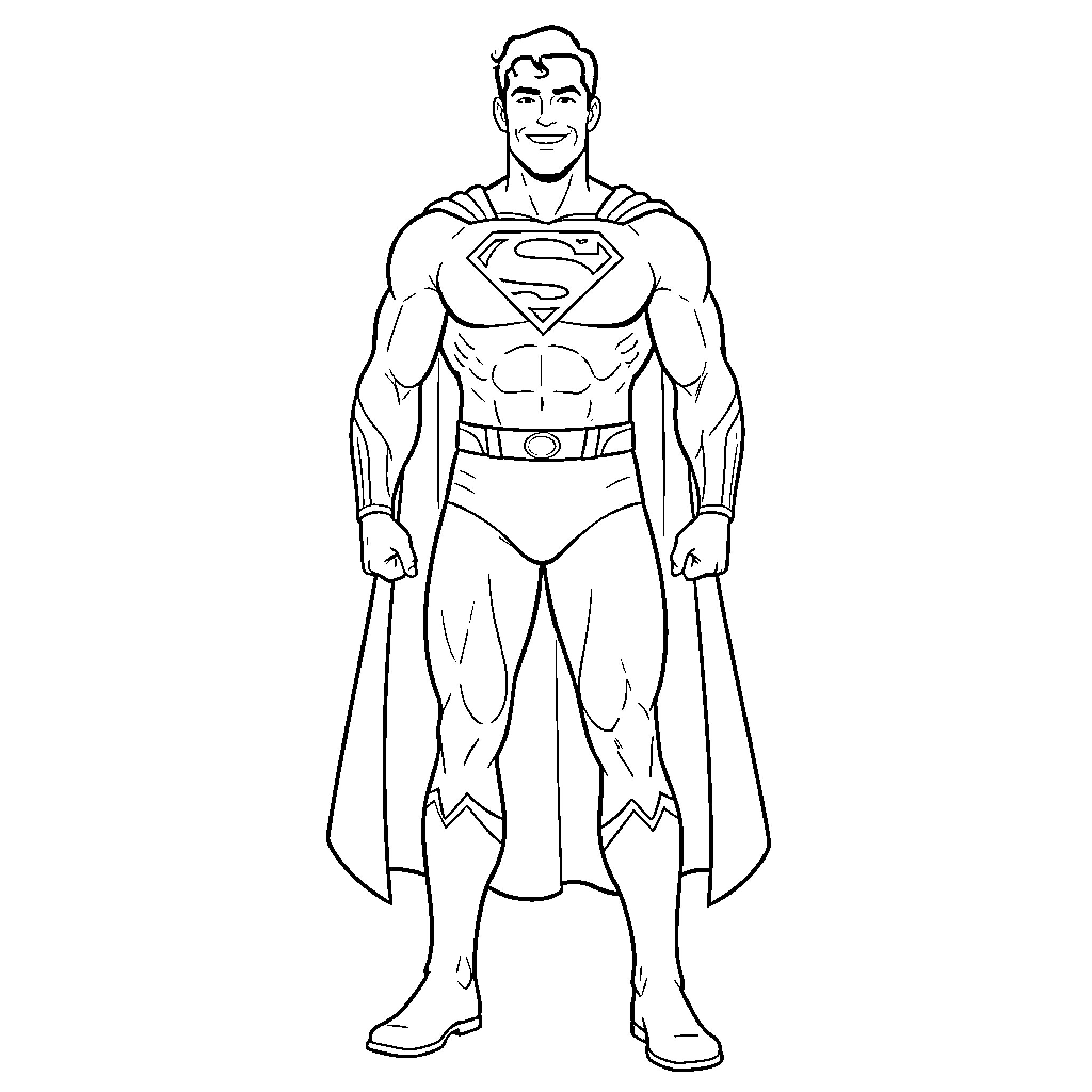 Superman standing in heroic pose Coloring Page (free black-and-white line drawing printable PDF for all, from beginners to advanced learners, including children, teens, adults, and seniors)