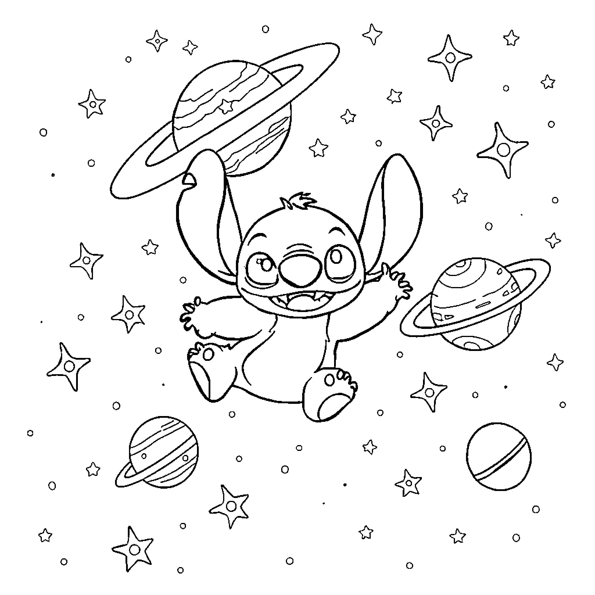 Stitch exploring the cosmic wonders Coloring Page (free black-and-white line drawing printable PDF for all, from beginners to advanced learners, including children, teens, adults, and seniors)