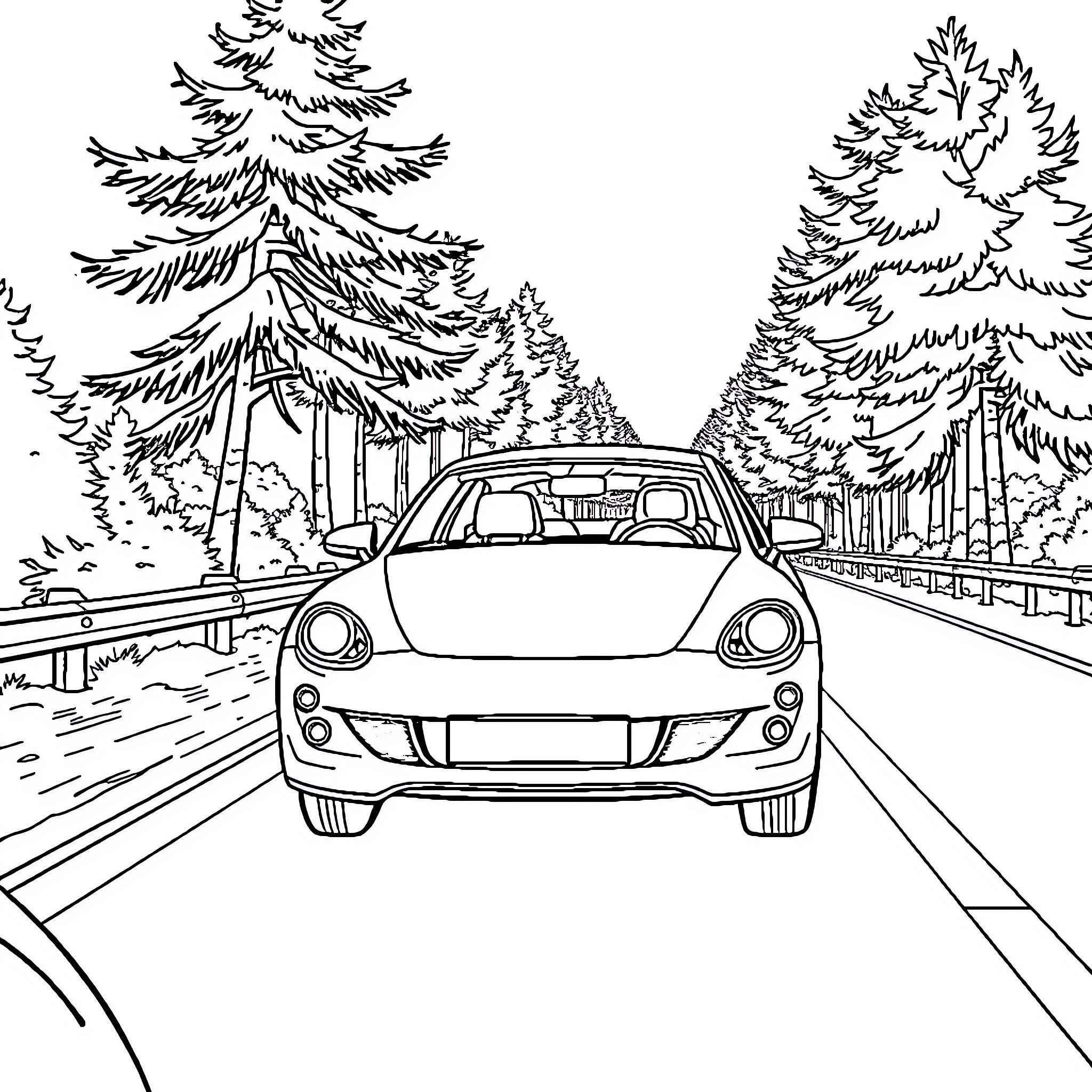 Car driving on scenic road through forest Coloring Page (free black-and-white line drawing printable PDF for all, from beginners to advanced learners, including children, teens, adults, and seniors)