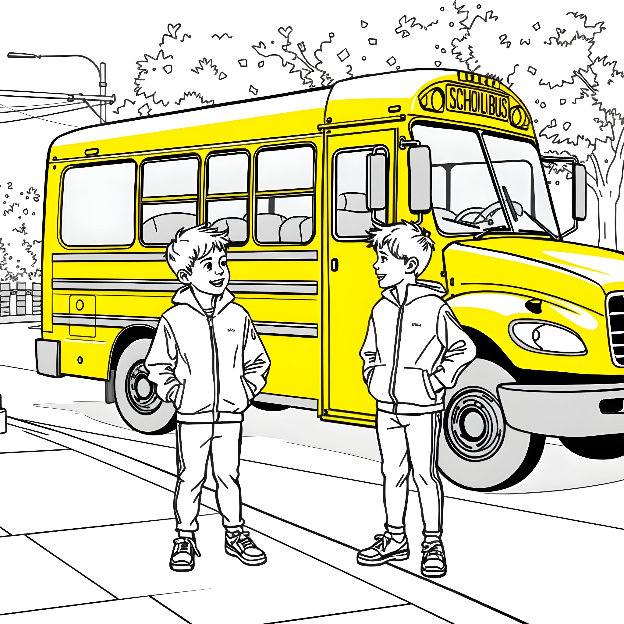 Children waiting for the school bus Coloring Page (free black-and-white line drawing printable PDF for all, from beginners to advanced learners, including children, teens, adults, and seniors)