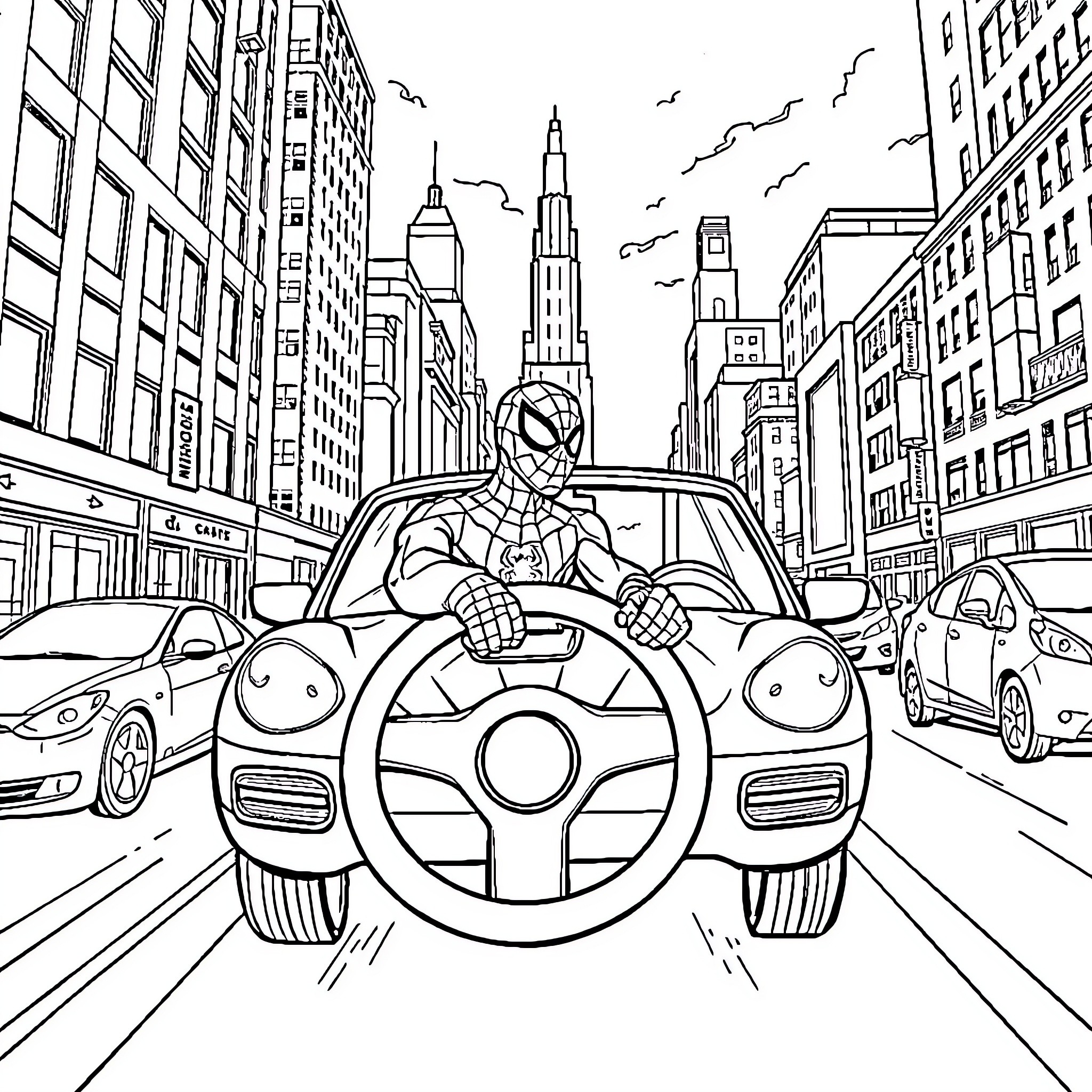 Spiderman speeding through the city streets Coloring Page (free black-and-white line drawing printable PDF for all, from beginners to advanced learners, including children, teens, adults, and seniors)