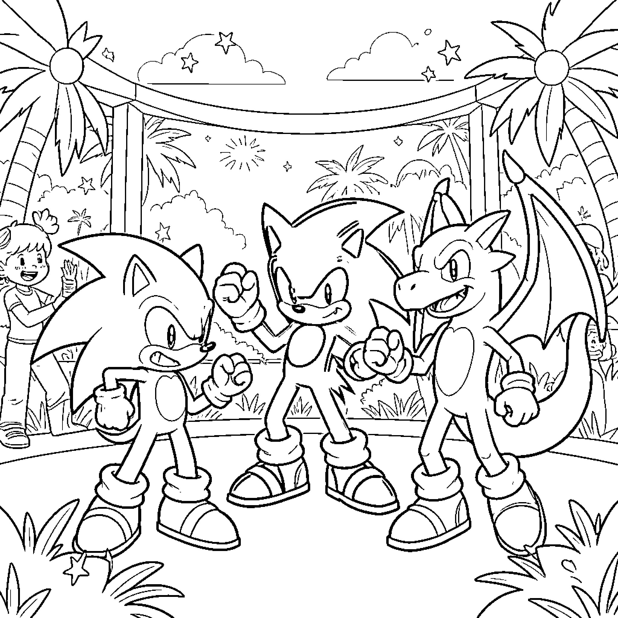 Sonic and friends posing heroically in a tropical setting Coloring Page (free black-and-white line drawing printable PDF for all, from beginners to advanced learners, including children, teens, adults, and seniors)