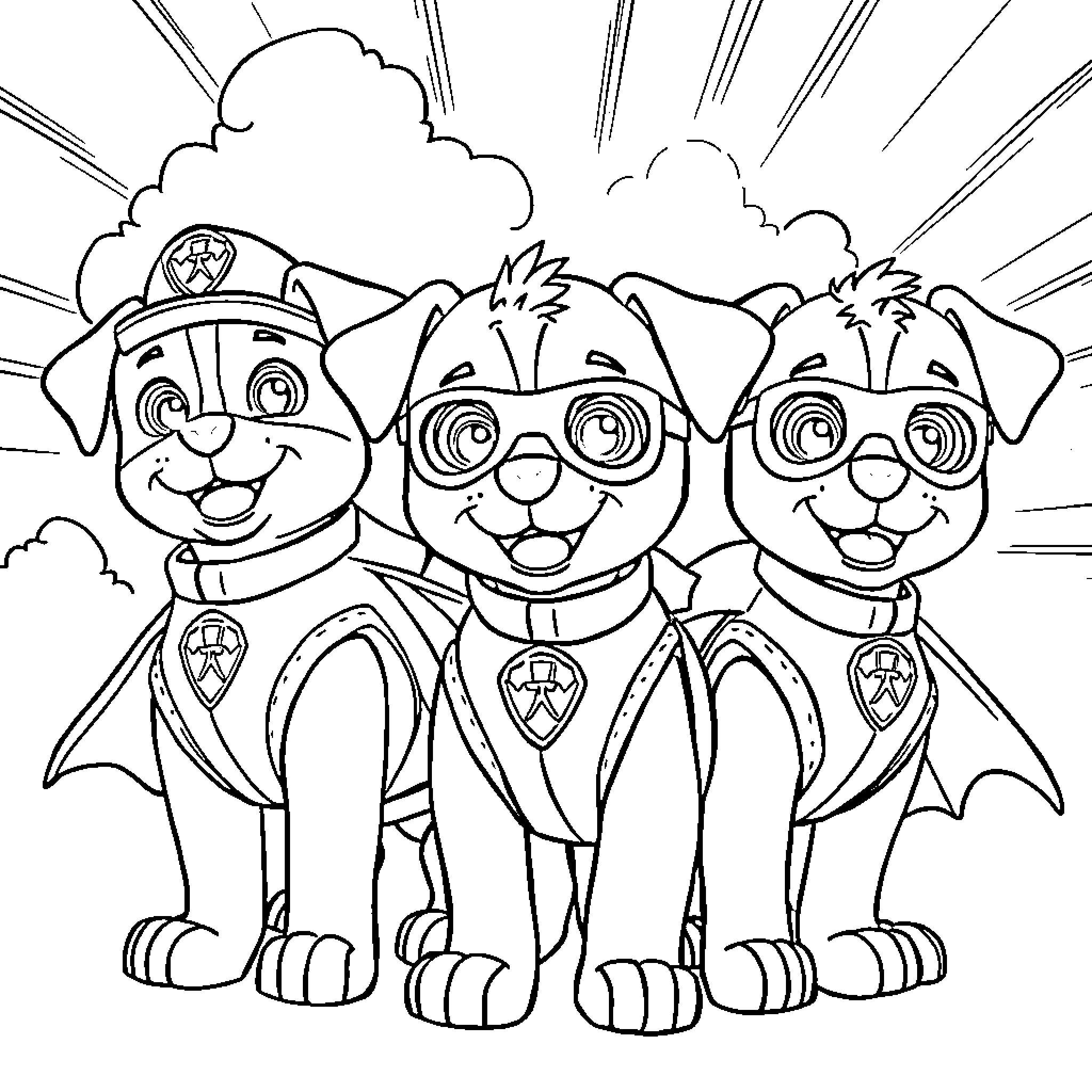 Paw Patrol Trio in Action Poses Coloring Page (free black-and-white line drawing printable PDF for all, from beginners to advanced learners, including children, teens, adults, and seniors)