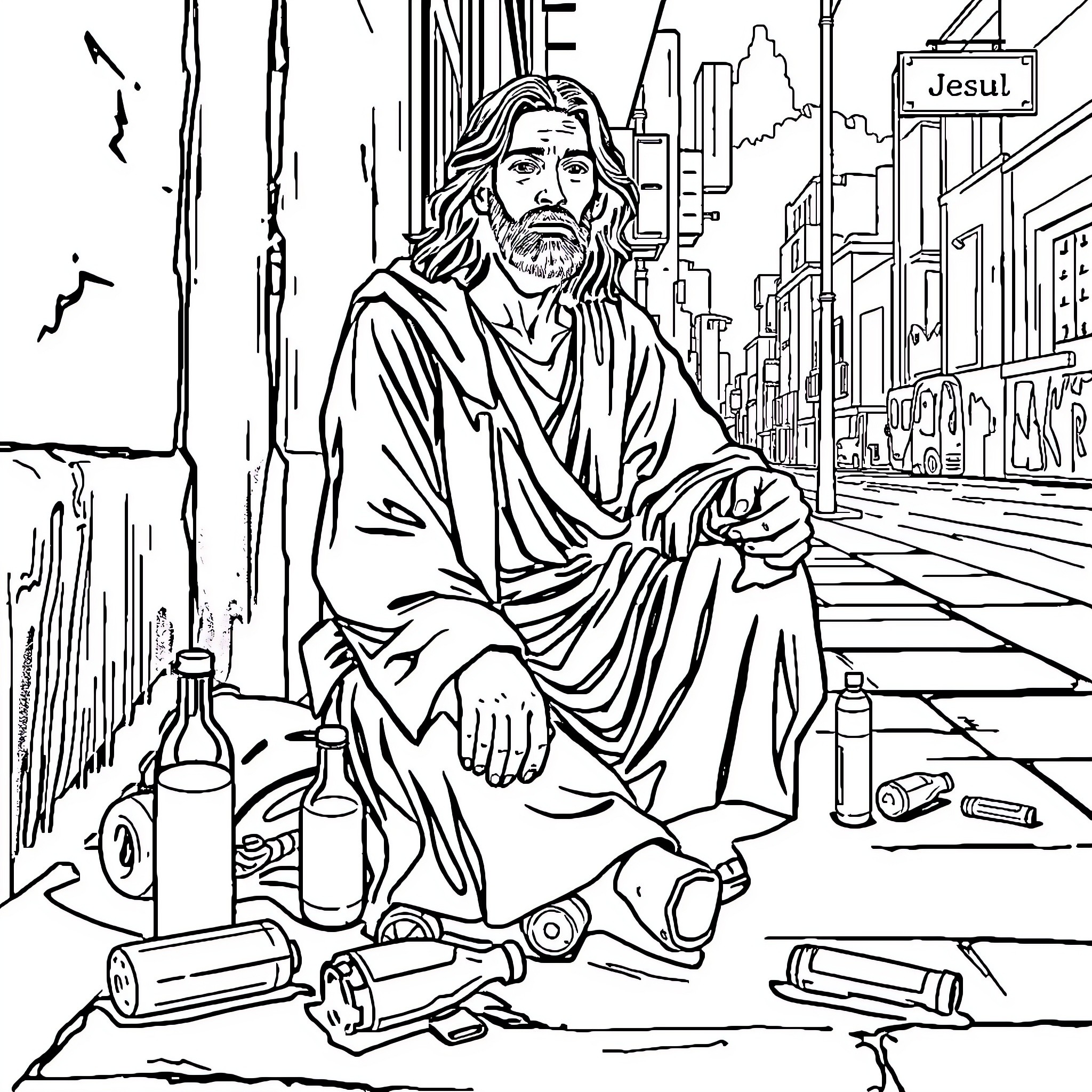 Jesus sitting pensively on a city street Coloring Page (free black-and-white line drawing printable PDF for all, from beginners to advanced learners, including children, teens, adults, and seniors)