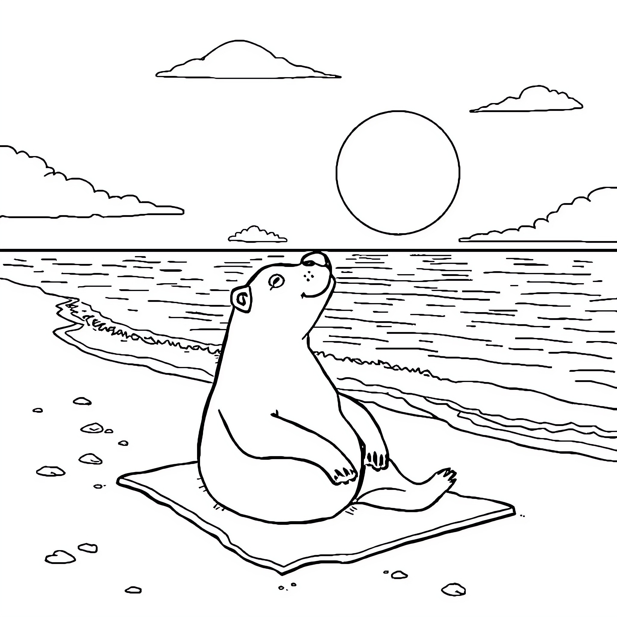 Capybara relaxing on the beach under the sun Coloring Page (free black-and-white line drawing printable PDF for all, from beginners to advanced learners, including children, teens, adults, and seniors)