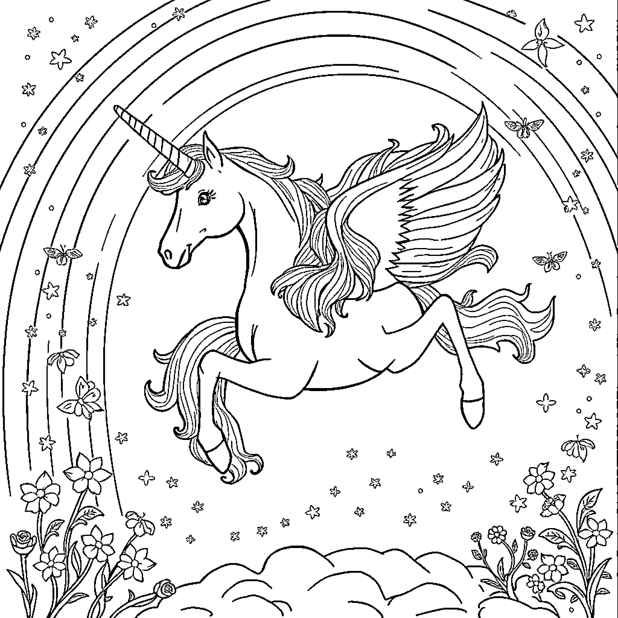 Unicorn prancing among stars and flowers Coloring Page (free black-and-white line drawing printable PDF for all, from beginners to advanced learners, including children, teens, adults, and seniors)