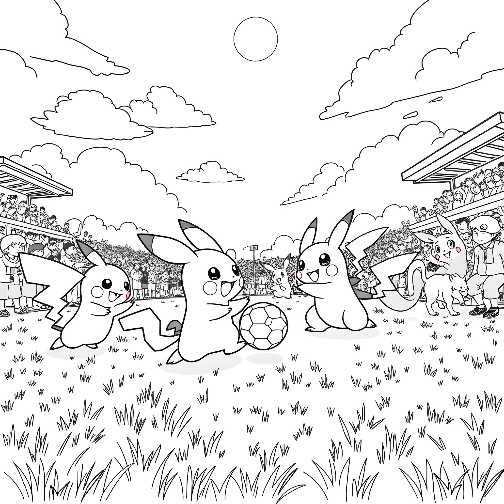 Pokémon playing soccer in a stadium Coloring Page (free black-and-white line drawing printable PDF for all, from beginners to advanced learners, including children, teens, adults, and seniors)