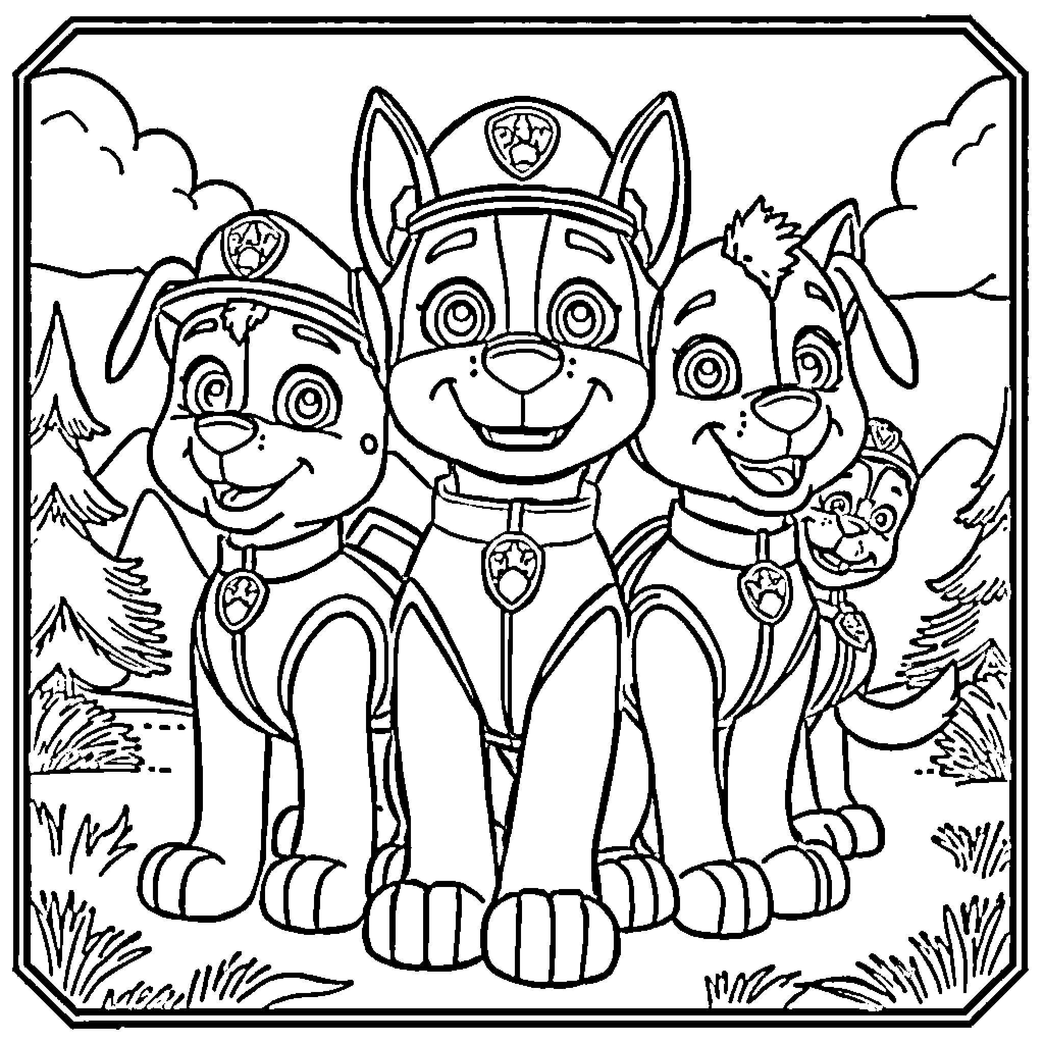 Paw Patrol Pups Gather for an Adventure Coloring Page (free black-and-white line drawing printable PDF for all, from beginners to advanced learners, including children, teens, adults, and seniors)