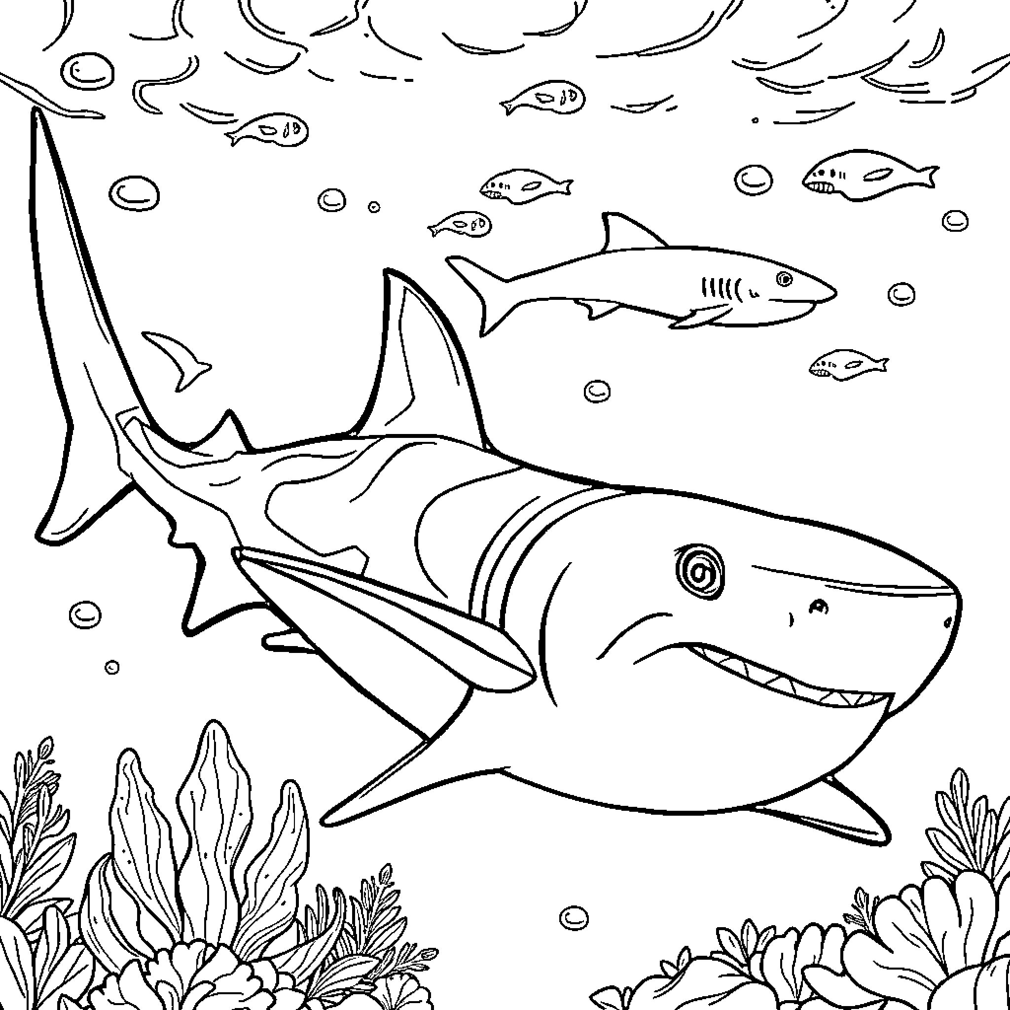 Shark swimming in the ocean with underwater plants Coloring Page (free black-and-white line drawing printable PDF for all, from beginners to advanced learners, including children, teens, adults, and seniors)
