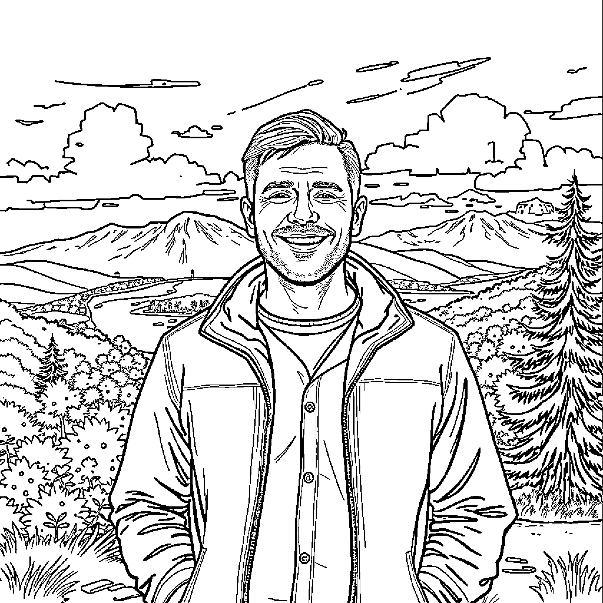 Péter Gyűrűsi enjoying a scenic hike in the mountains Coloring Page (free black-and-white line drawing printable PDF for all, from beginners to advanced learners, including children, teens, adults, and seniors)