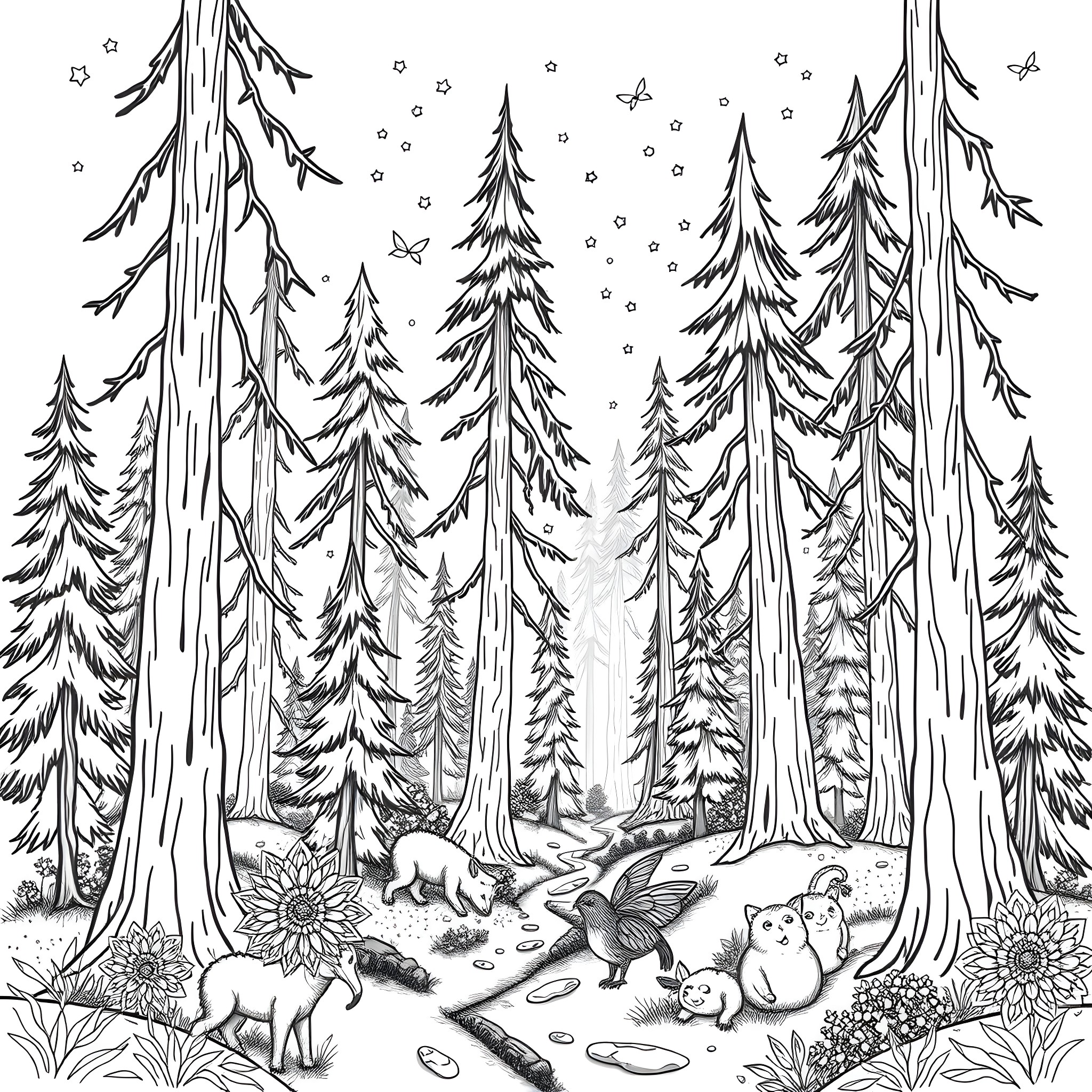 Fairy Forest with Whimsical Woodland Creatures Coloring Page (free black-and-white line drawing printable PDF for all, from beginners to advanced learners, including children, teens, adults, and seniors)