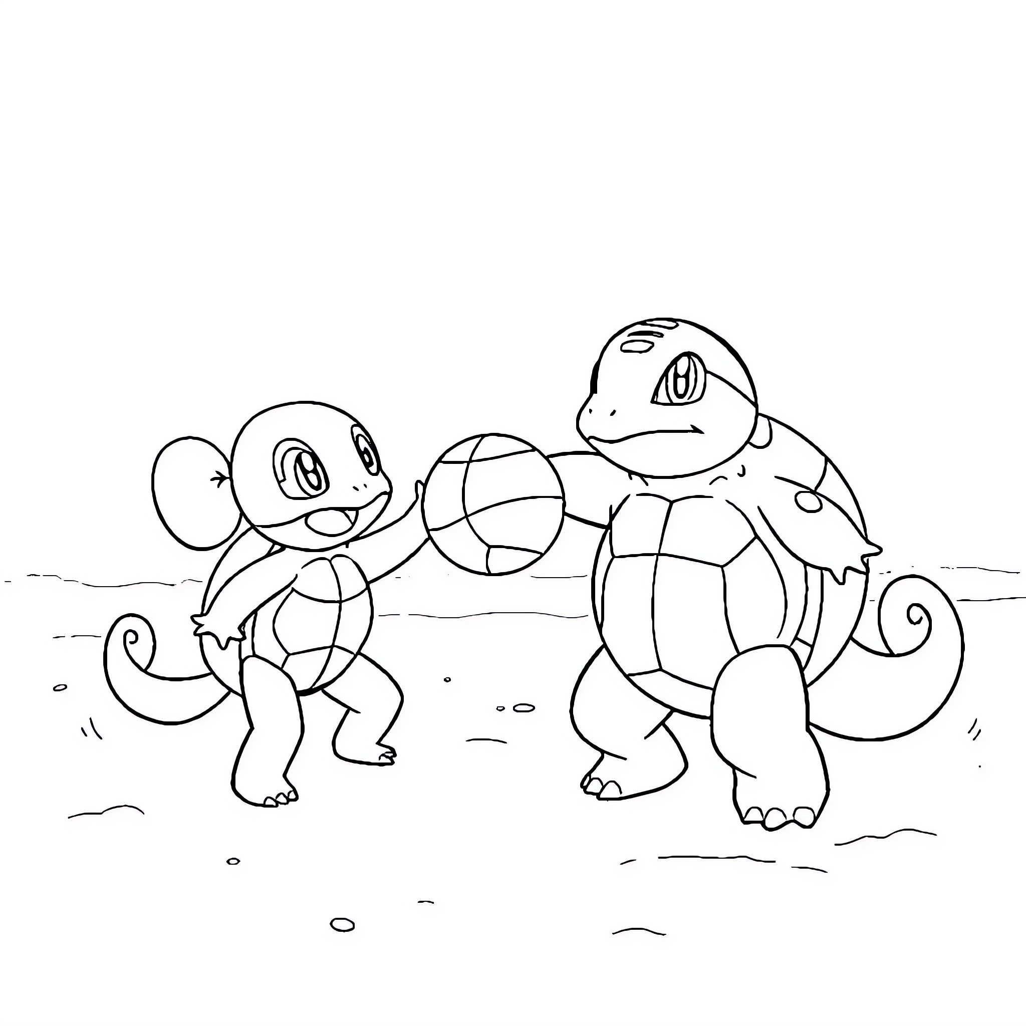 Squirtle and friends playing together outdoors Coloring Page (free black-and-white line drawing printable PDF for all, from beginners to advanced learners, including children, teens, adults, and seniors)