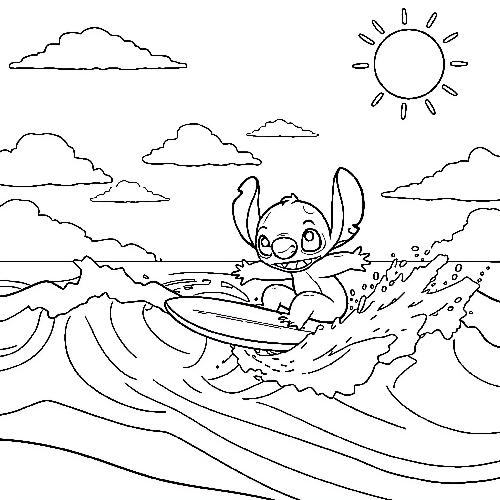 Stitch surfing on the ocean waves Coloring Page (free black-and-white line drawing printable PDF for all, from beginners to advanced learners, including children, teens, adults, and seniors)