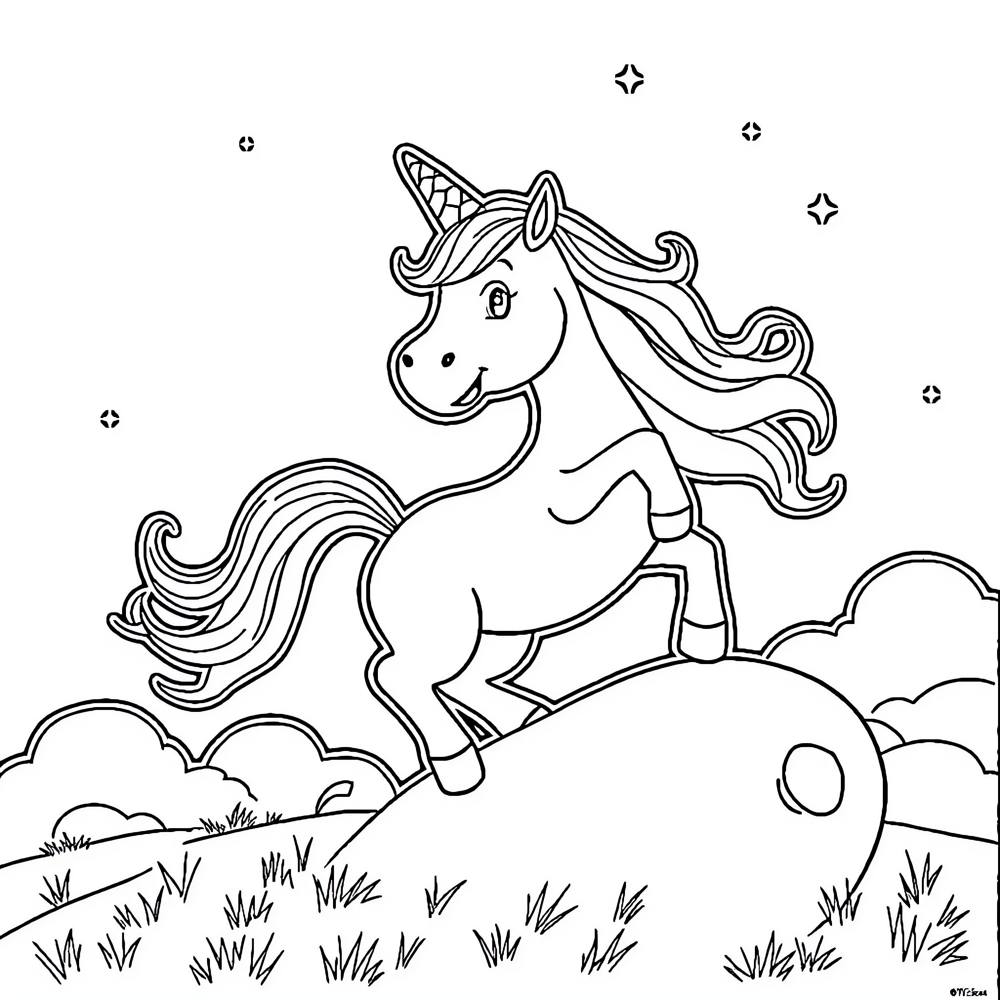 Unicorn prancing through the field Coloring Page (free black-and-white line drawing printable PDF for all, from beginners to advanced learners, including children, teens, adults, and seniors)