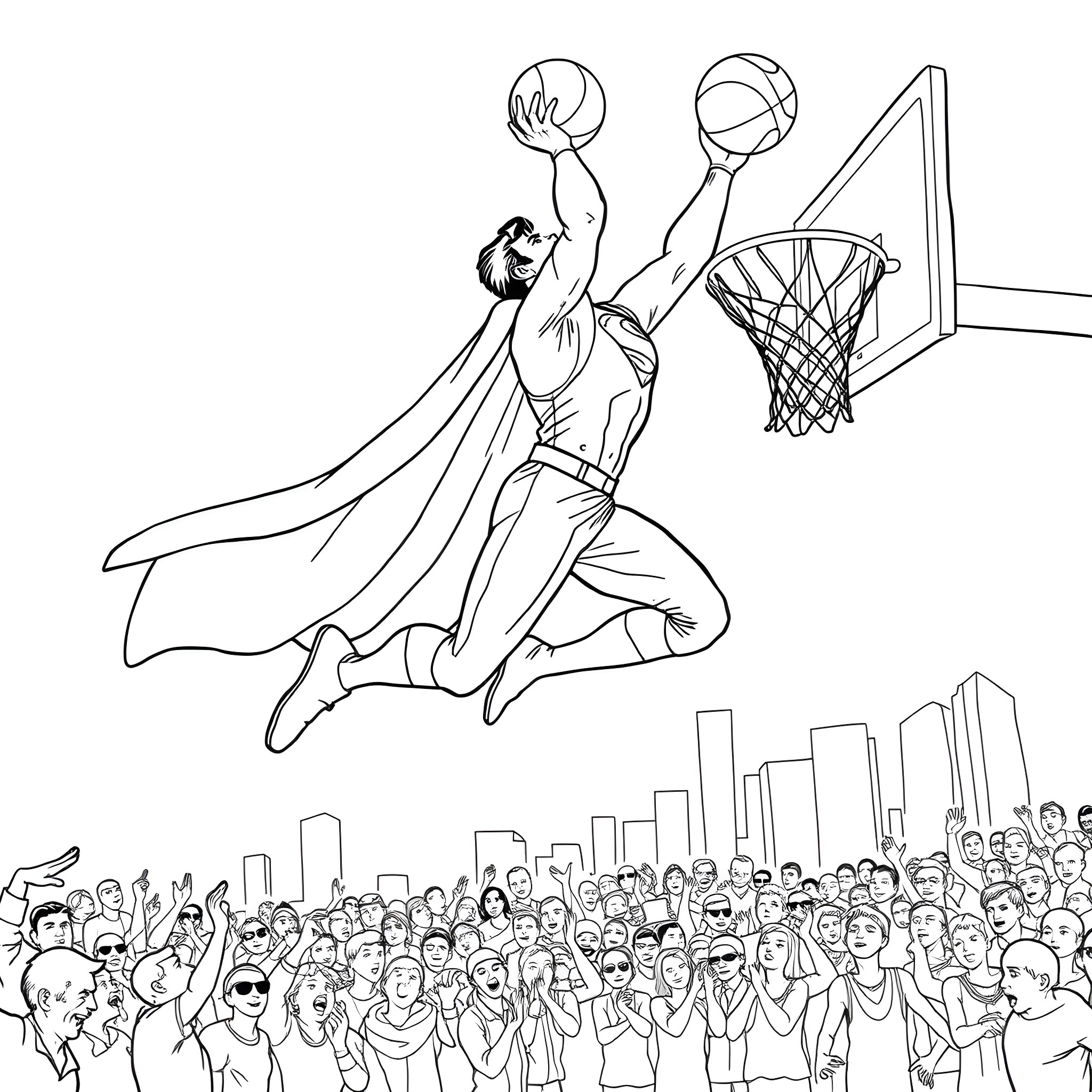 Superman Soars Above Crowd for Basketball Dunk Coloring Page (free black-and-white line drawing printable PDF for all, from beginners to advanced learners, including children, teens, adults, and seniors)