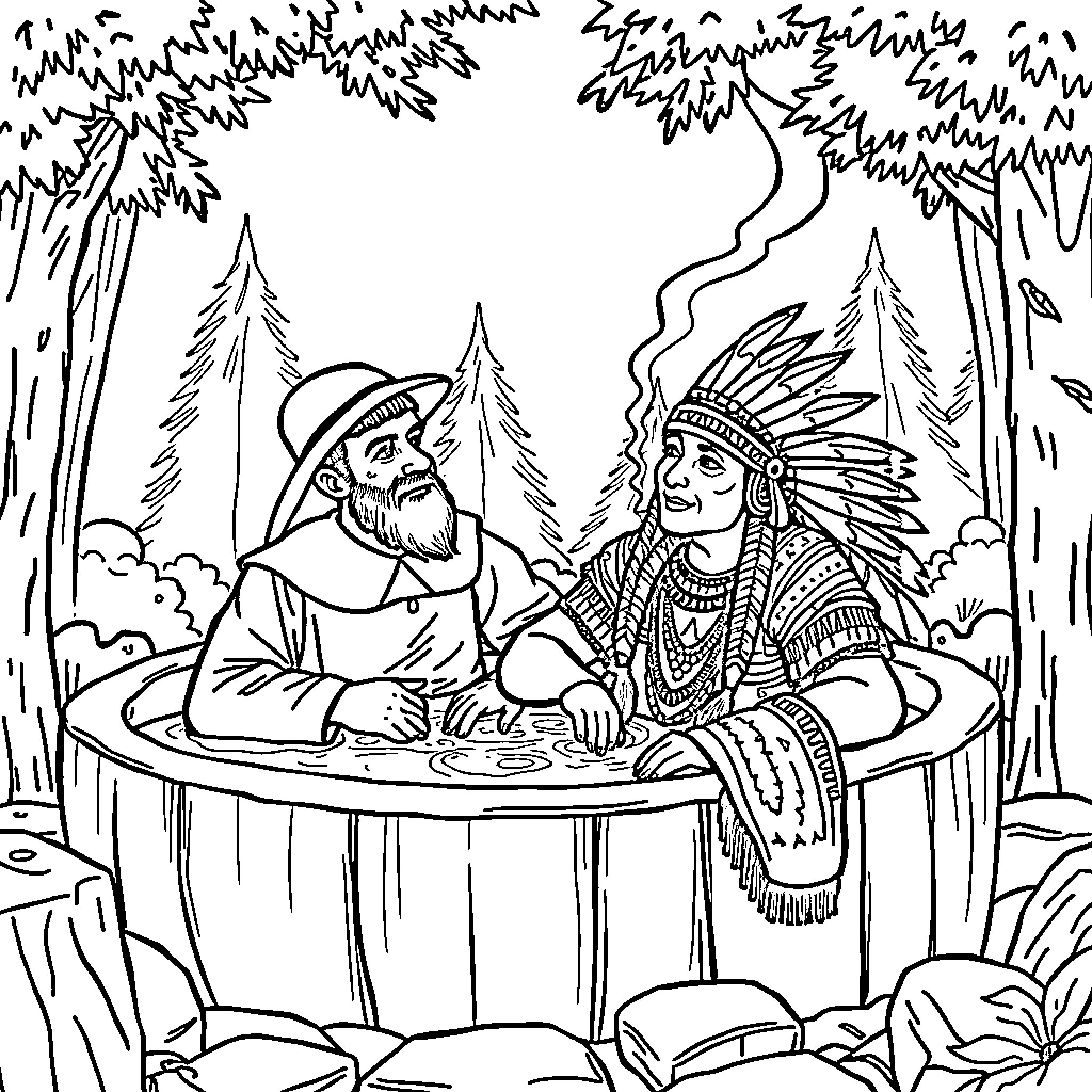 Pilgrim and Chief Discussing in the Forest Coloring Page (free black-and-white line drawing printable PDF for all, from beginners to advanced learners, including children, teens, adults, and seniors)