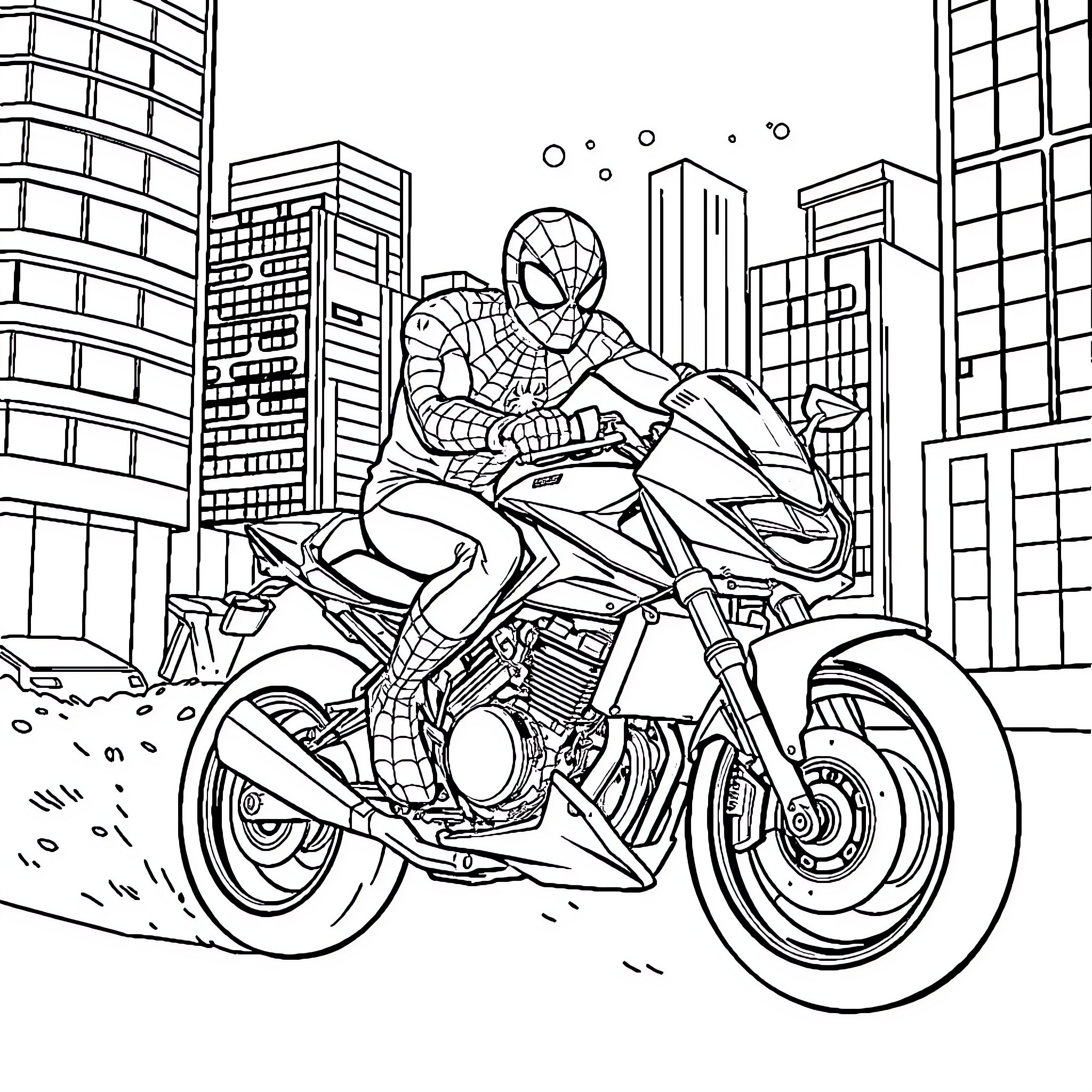 Spiderman riding a motorcycle in the city Coloring Page (free black-and-white line drawing printable PDF for all, from beginners to advanced learners, including children, teens, adults, and seniors)