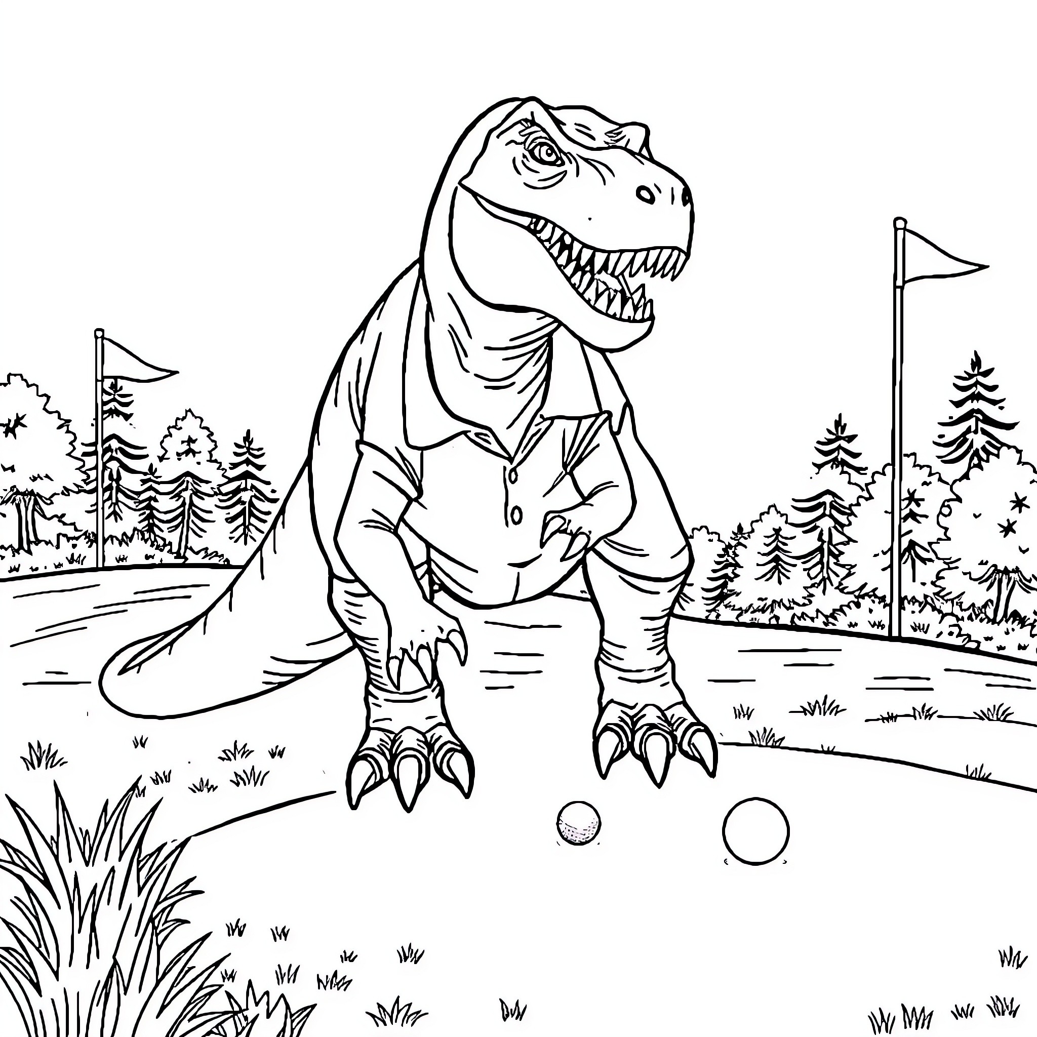 T-Rex Enjoying a Friendly Golf Game in the Forest Coloring Page (free black-and-white line drawing printable PDF for all, from beginners to advanced learners, including children, teens, adults, and seniors)