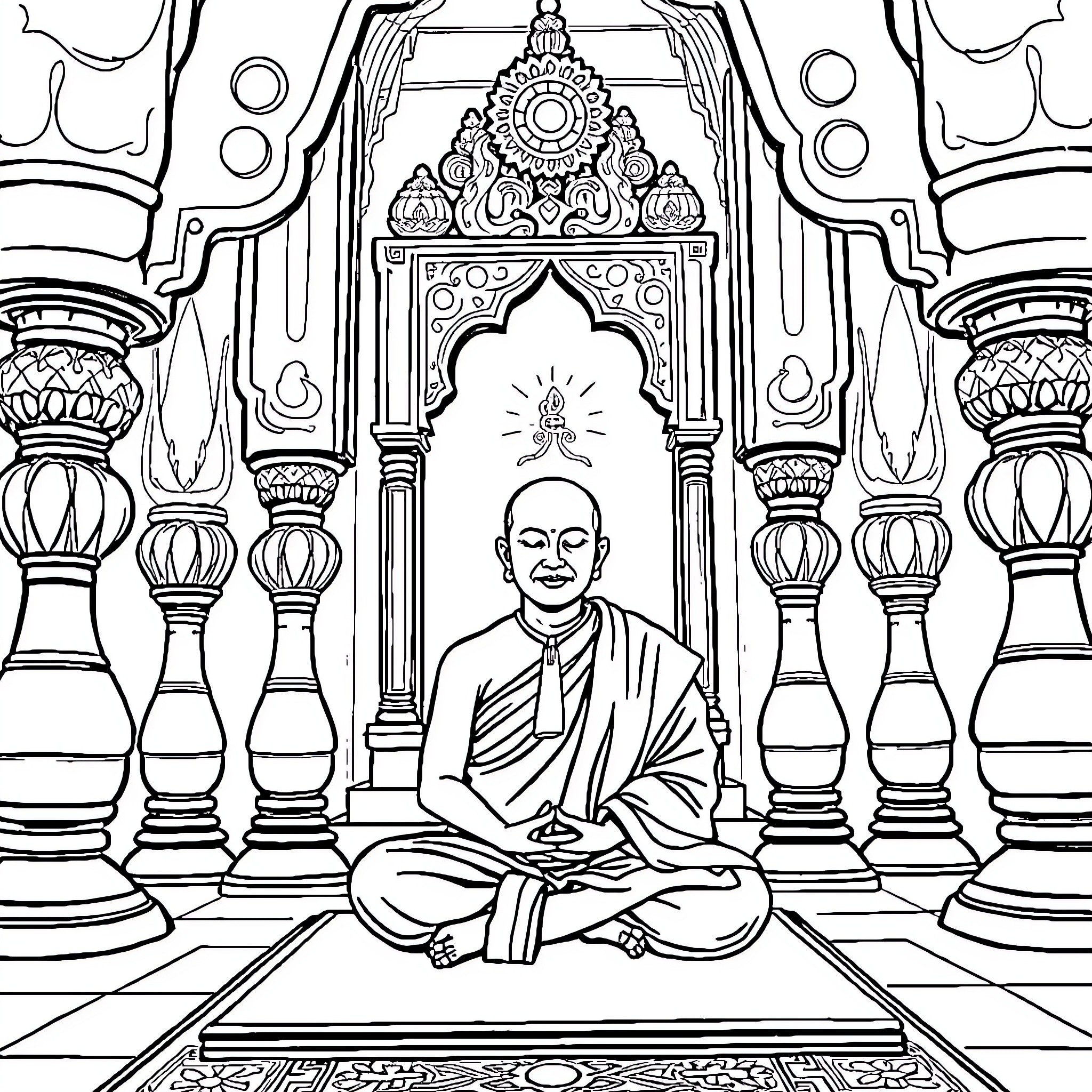Monk meditating in an ornate temple Coloring Page (free black-and-white line drawing printable PDF for all, from beginners to advanced learners, including children, teens, adults, and seniors)