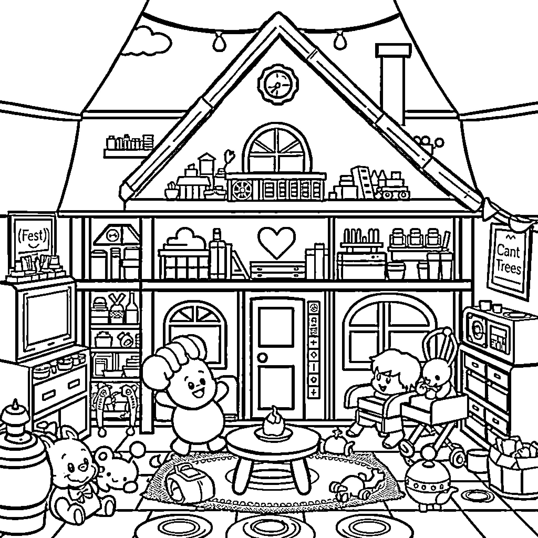 Gabby's Dollhouse featuring animal characters exploring cozy home interior Coloring Page (free black-and-white line drawing printable PDF for all, from beginners to advanced learners, including children, teens, adults, and seniors)
