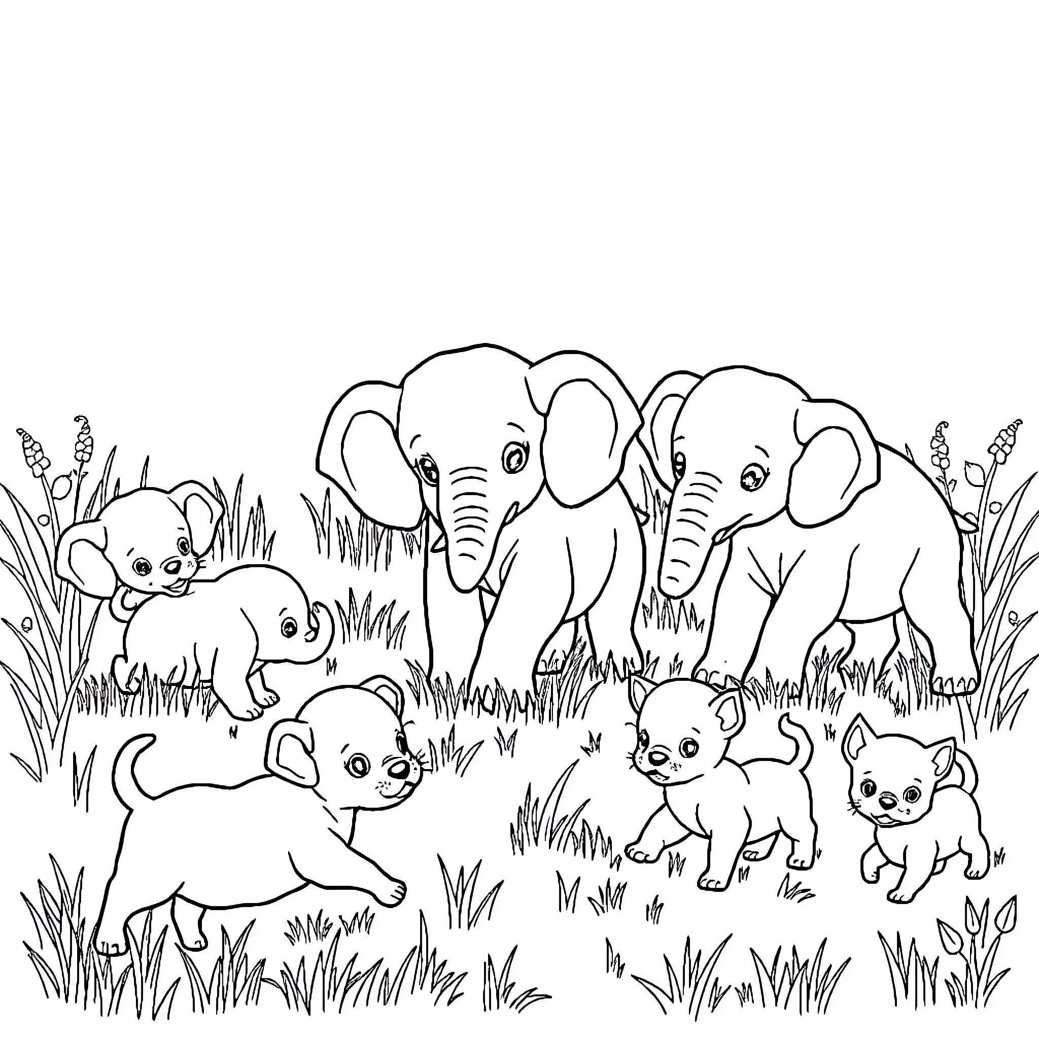 Baby Animals Playfully Explore the Grassy Outdoors Coloring Page (free black-and-white line drawing printable PDF for all, from beginners to advanced learners, including children, teens, adults, and seniors)