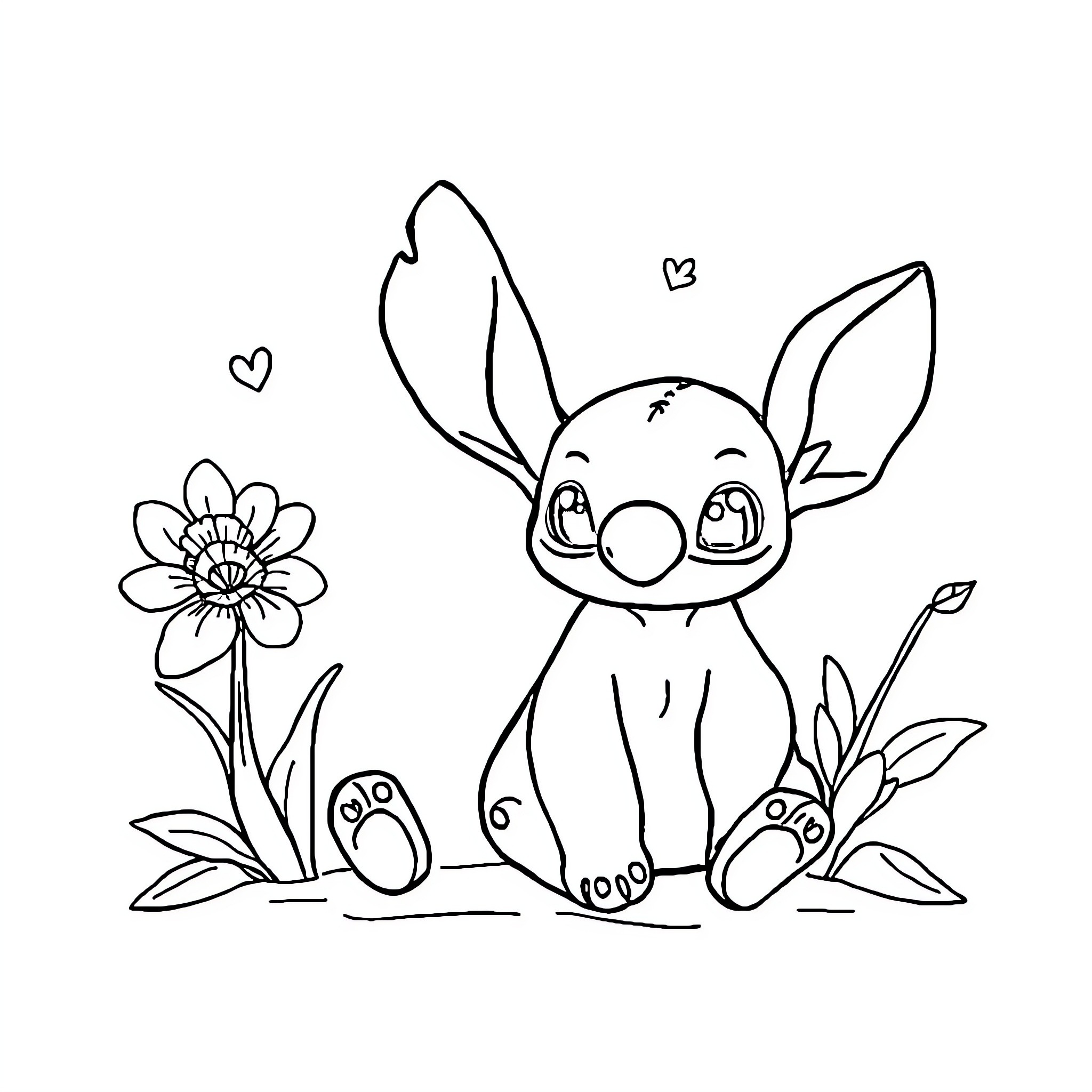 Stitch playing cheerfully with flower Coloring Page (free black-and-white line drawing printable PDF for all, from beginners to advanced learners, including children, teens, adults, and seniors)