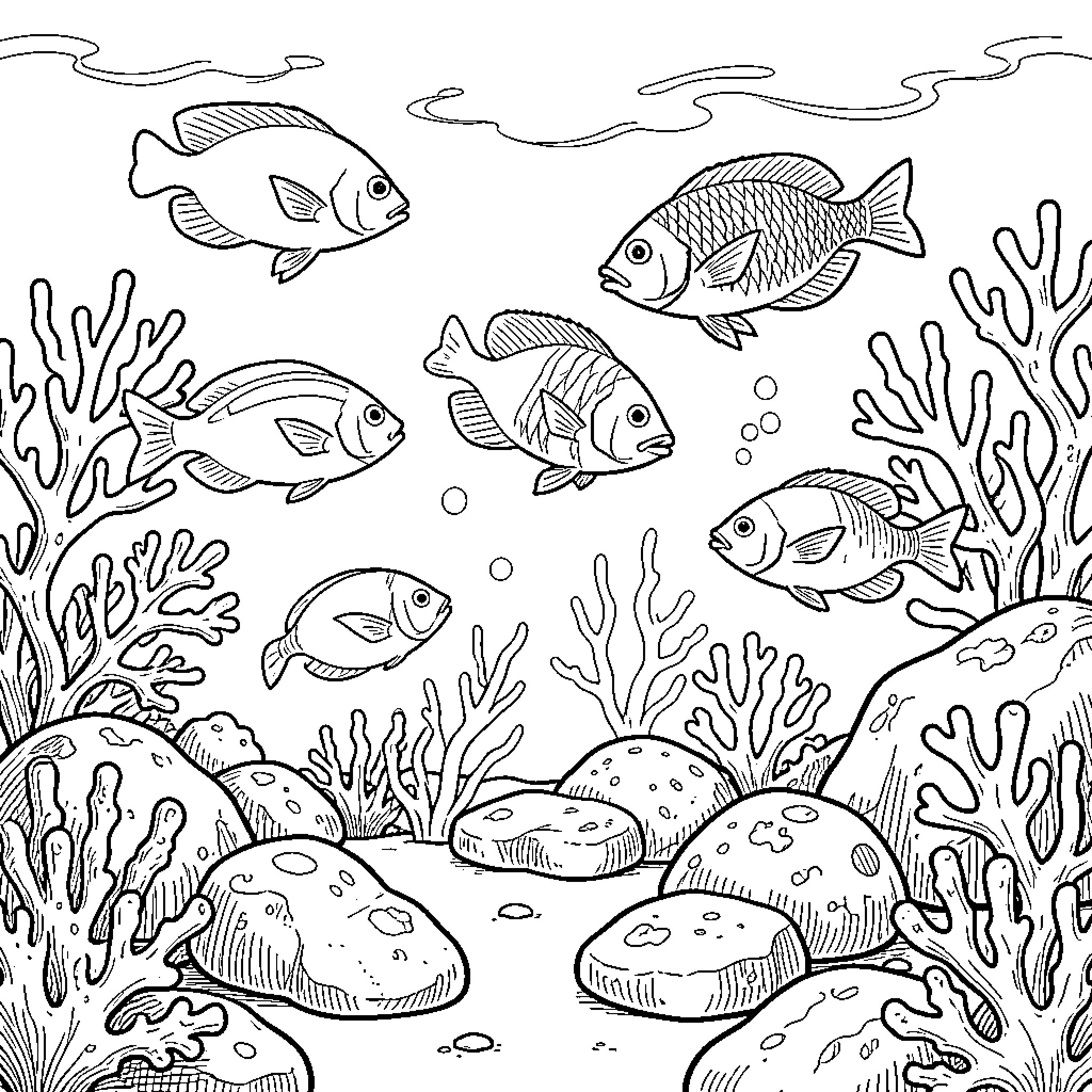 Fish swimming together among corals and rocks Coloring Page (free black-and-white line drawing printable PDF for all, from beginners to advanced learners, including children, teens, adults, and seniors)