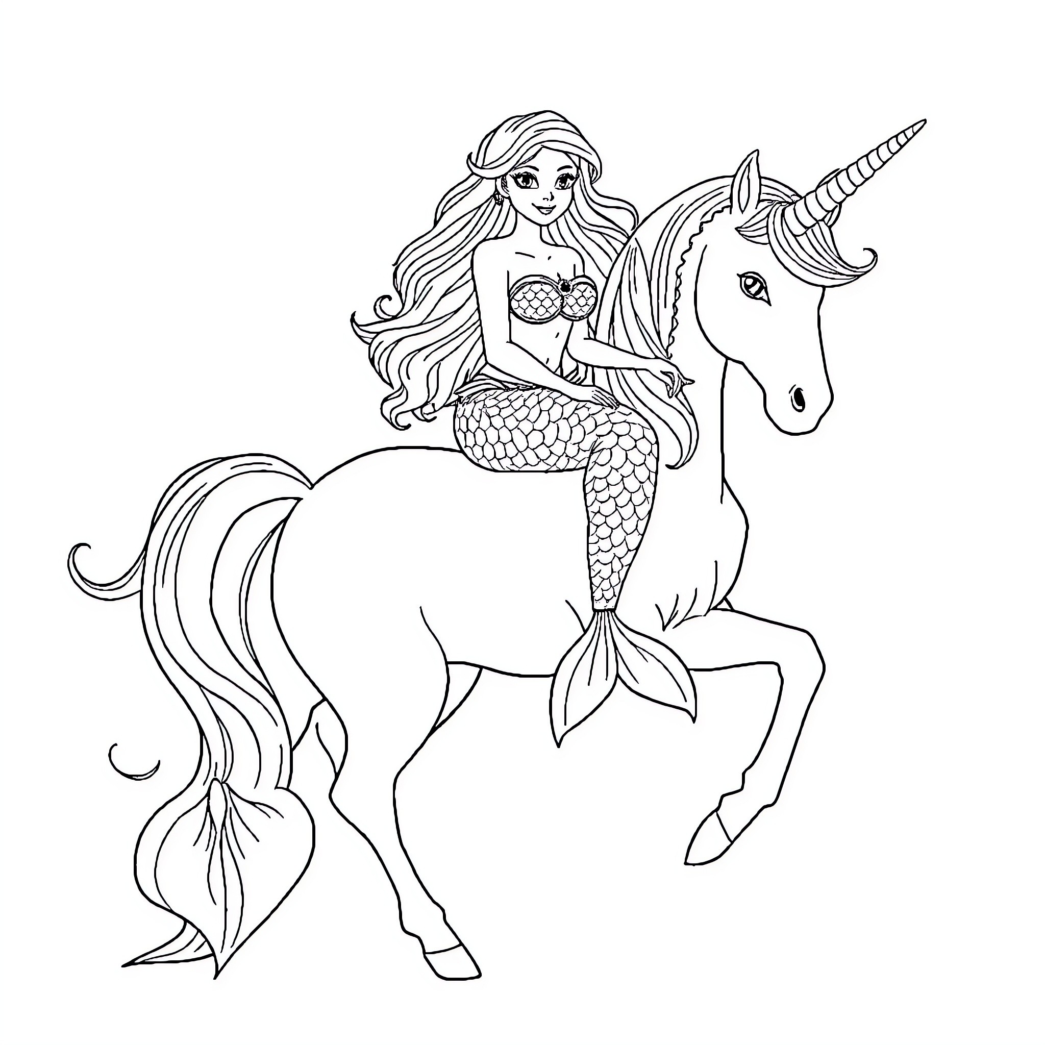 Mermaid riding a magical unicorn Coloring Page (free black-and-white line drawing printable PDF for all, from beginners to advanced learners, including children, teens, adults, and seniors)