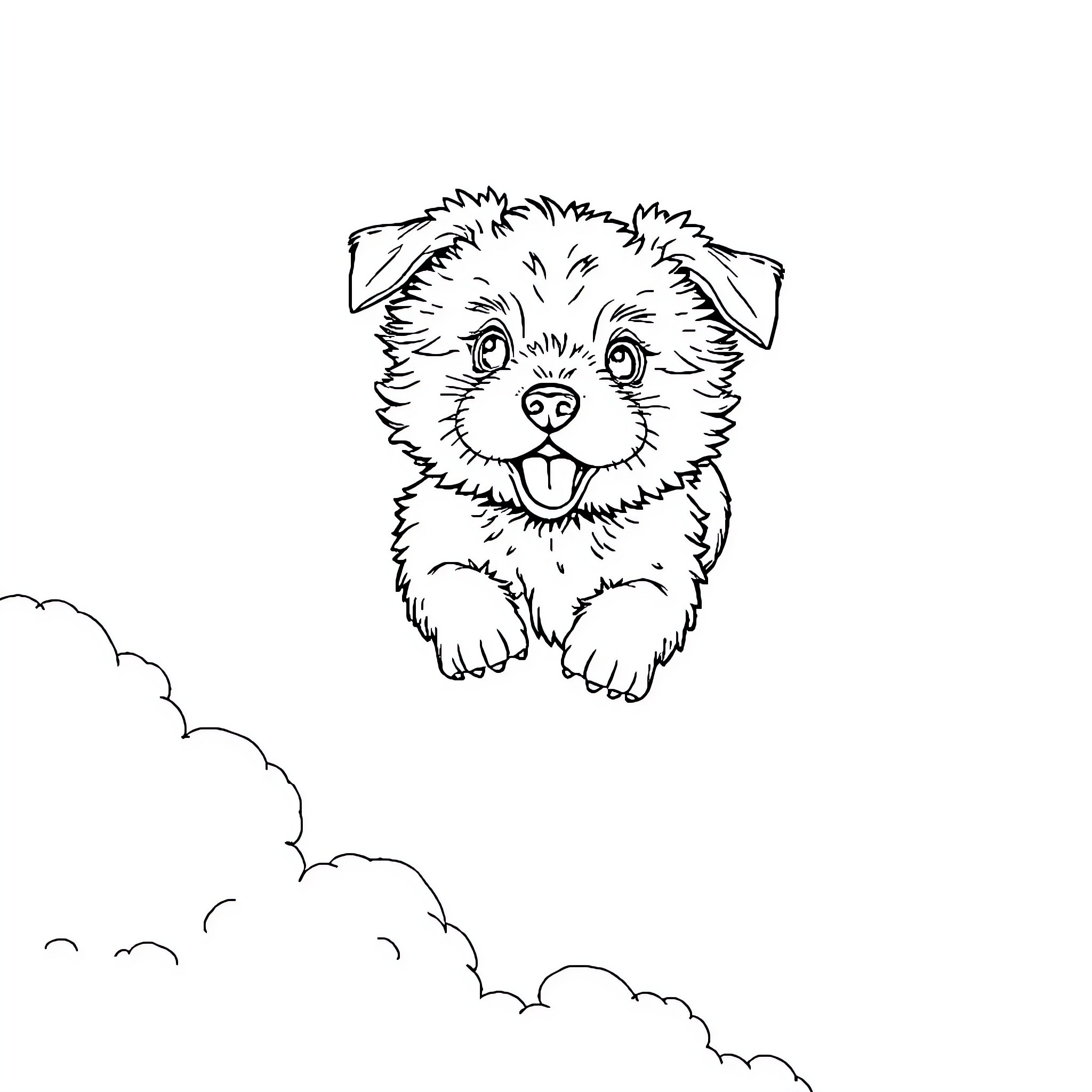 Flying Puppy happily looking down from the clouds Coloring Page (free black-and-white line drawing printable PDF for all, from beginners to advanced learners, including children, teens, adults, and seniors)