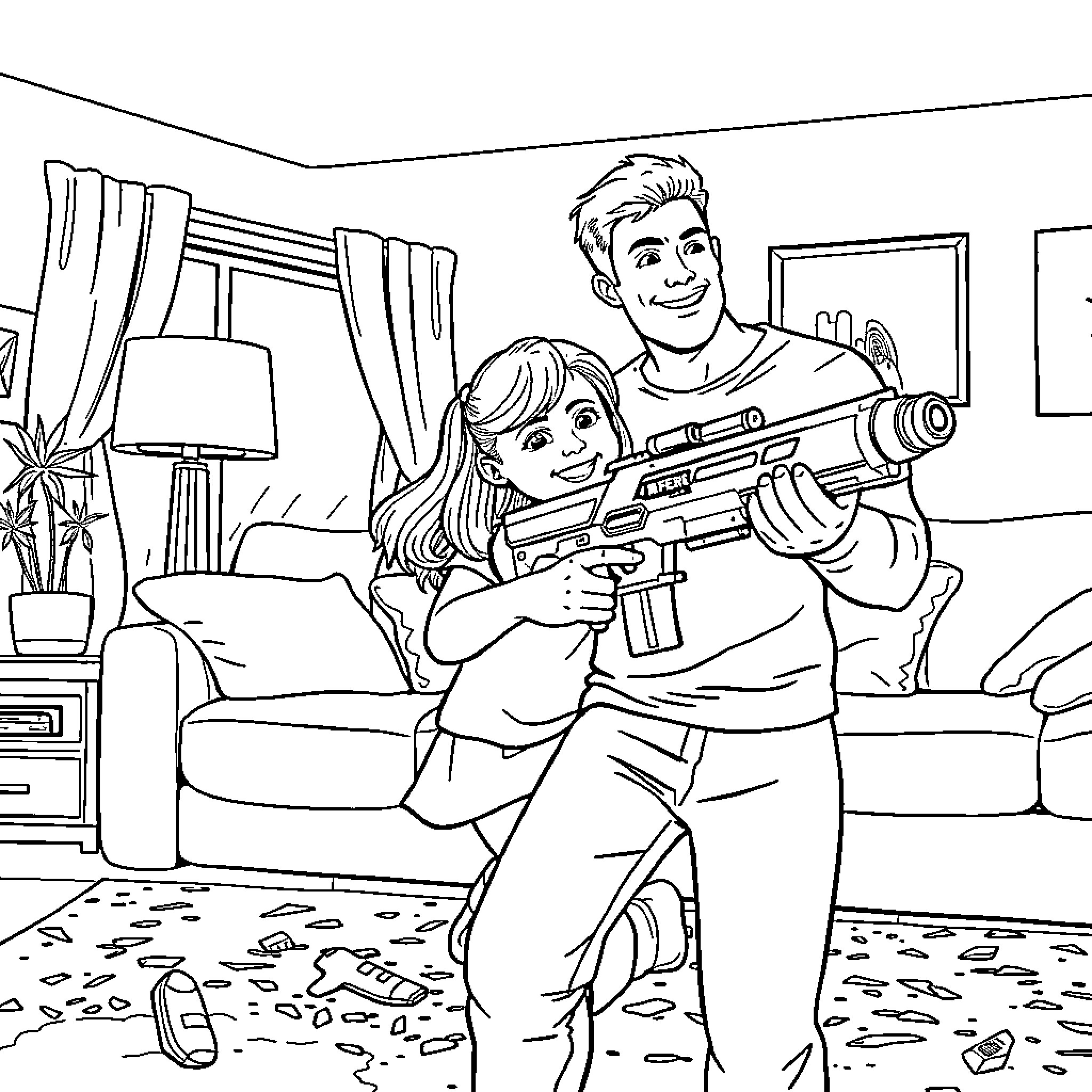 Nerf Gun Battle in the Living Room Coloring Page (free black-and-white line drawing printable PDF for all, from beginners to advanced learners, including children, teens, adults, and seniors)