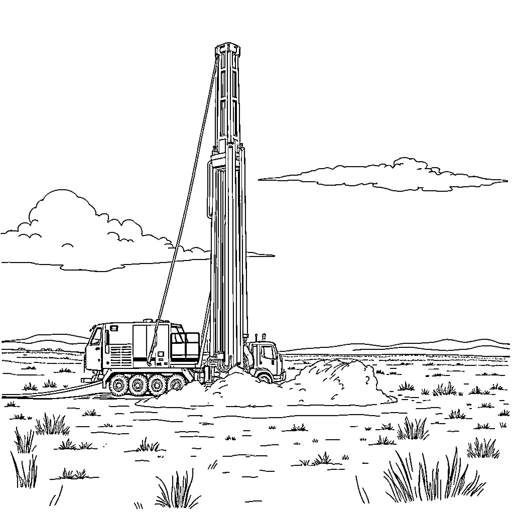 Drilling Rig Extracting Resources in Remote Landscape Coloring Page (free black-and-white line drawing printable PDF for all, from beginners to advanced learners, including children, teens, adults, and seniors)