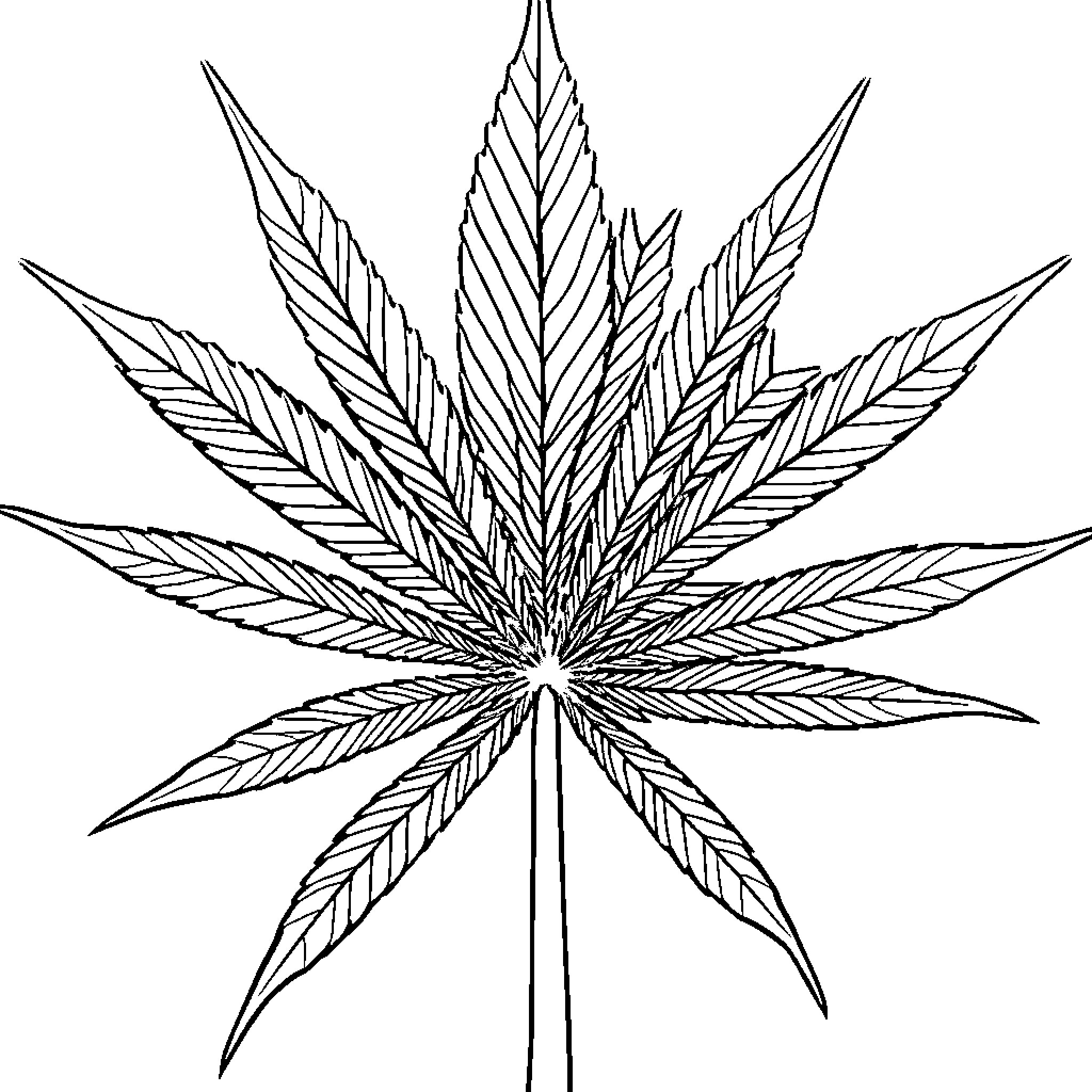 Sativa Leaf with Intricate Design Coloring Page (free black-and-white line drawing printable PDF for all, from beginners to advanced learners, including children, teens, adults, and seniors)