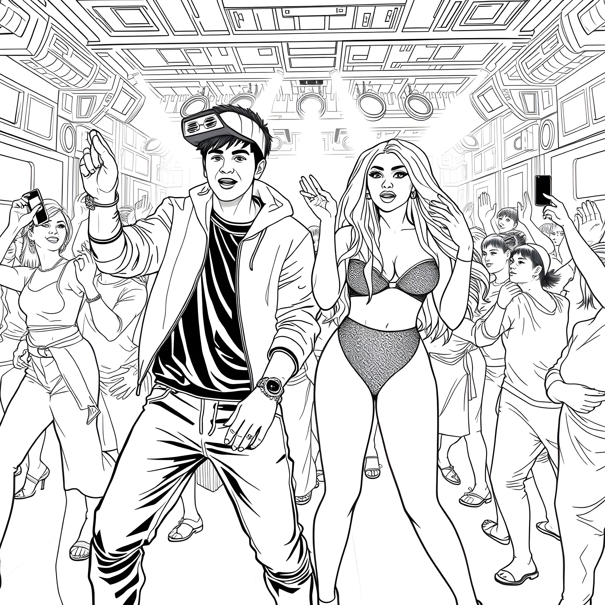 Justin Bieber and Fans Celebrate in Lively Fashion Coloring Page (free black-and-white line drawing printable PDF for all, from beginners to advanced learners, including children, teens, adults, and seniors)