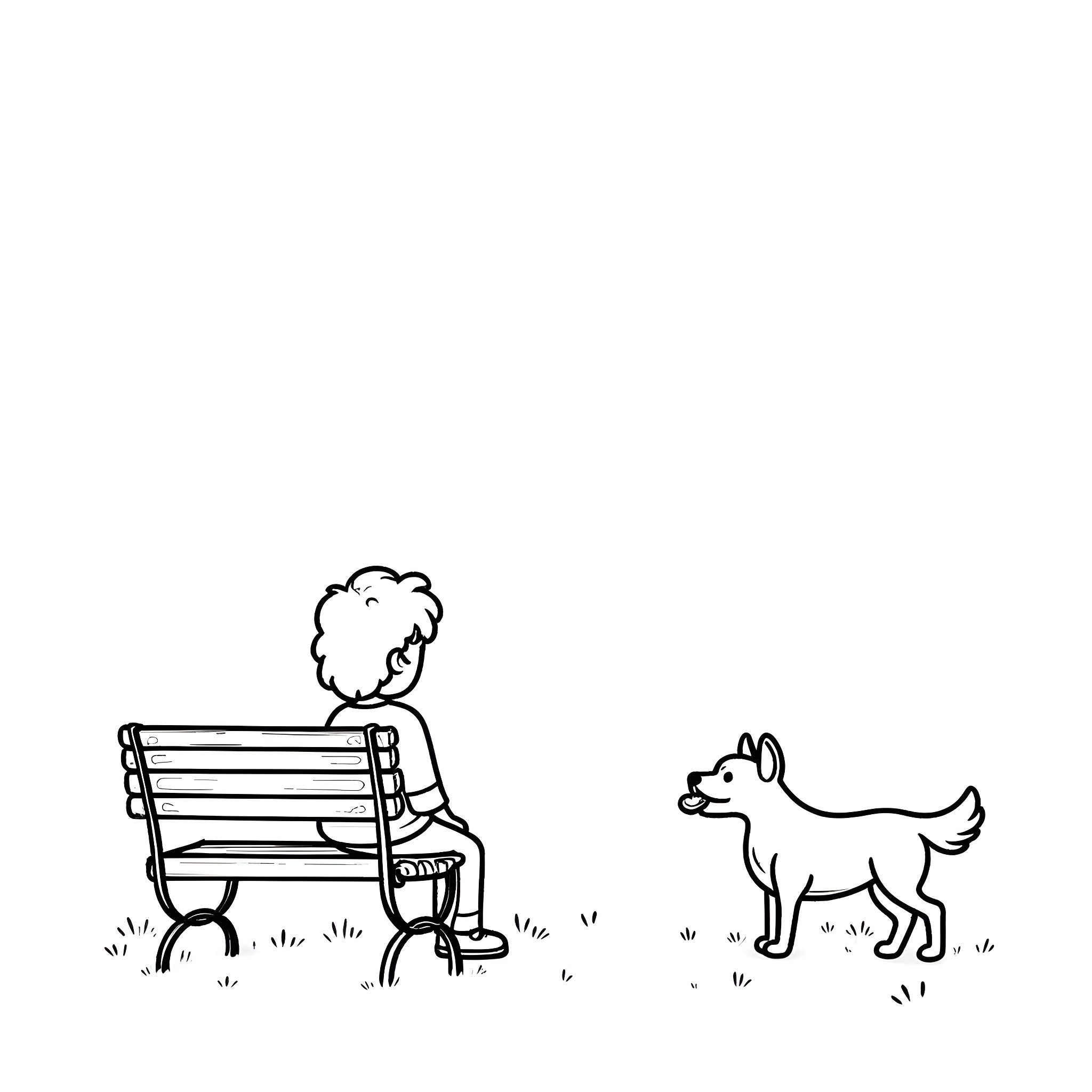 Amir relaxes on a bench with a curious dog Coloring Page (free black-and-white line drawing printable PDF for all, from beginners to advanced learners, including children, teens, adults, and seniors)
