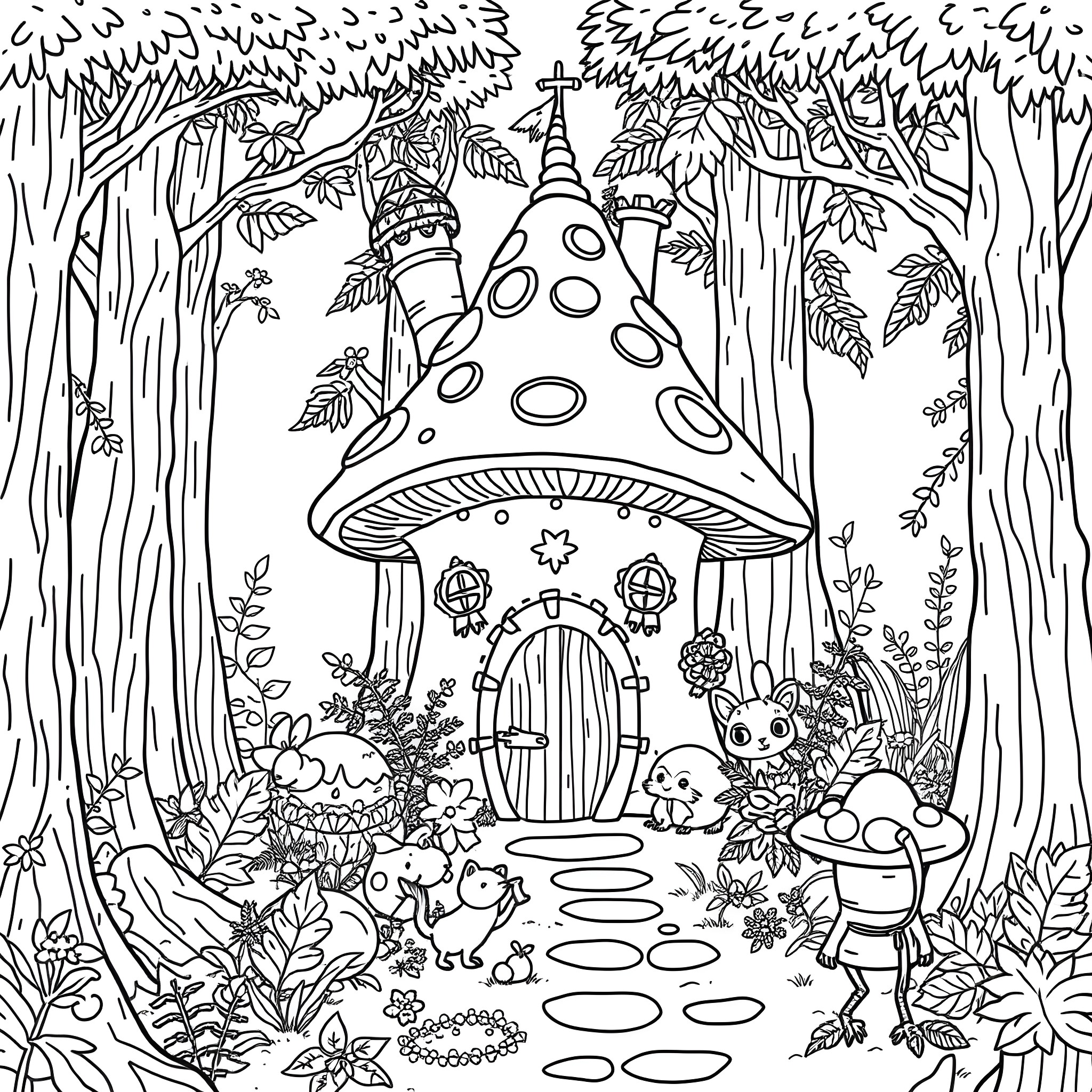 Mushroom fairy house in the enchanted forest Coloring Page (free black-and-white line drawing printable PDF for all, from beginners to advanced learners, including children, teens, adults, and seniors)