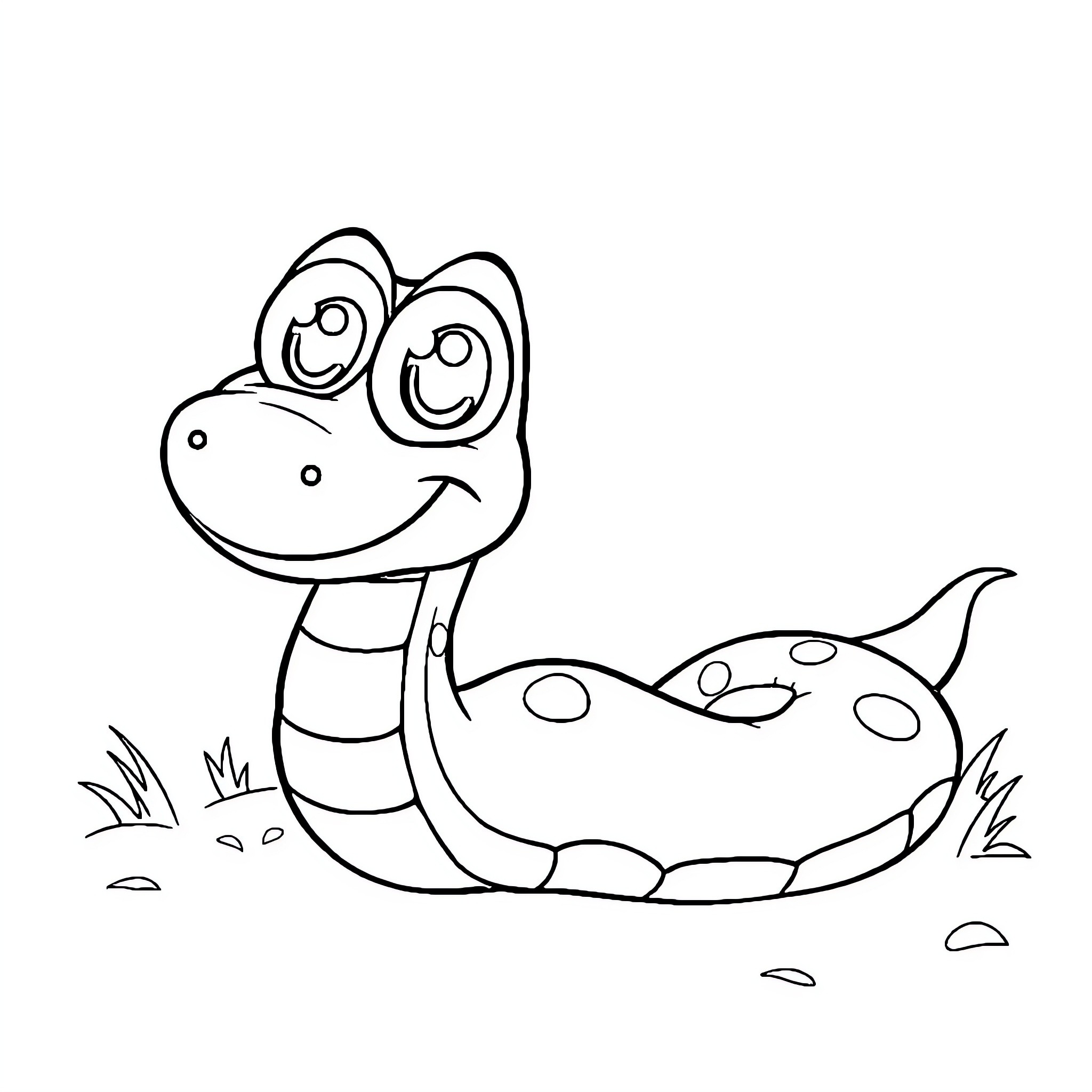 Snake with big eyes slithering on the ground Coloring Page (free black-and-white line drawing printable PDF for all, from beginners to advanced learners, including children, teens, adults, and seniors)