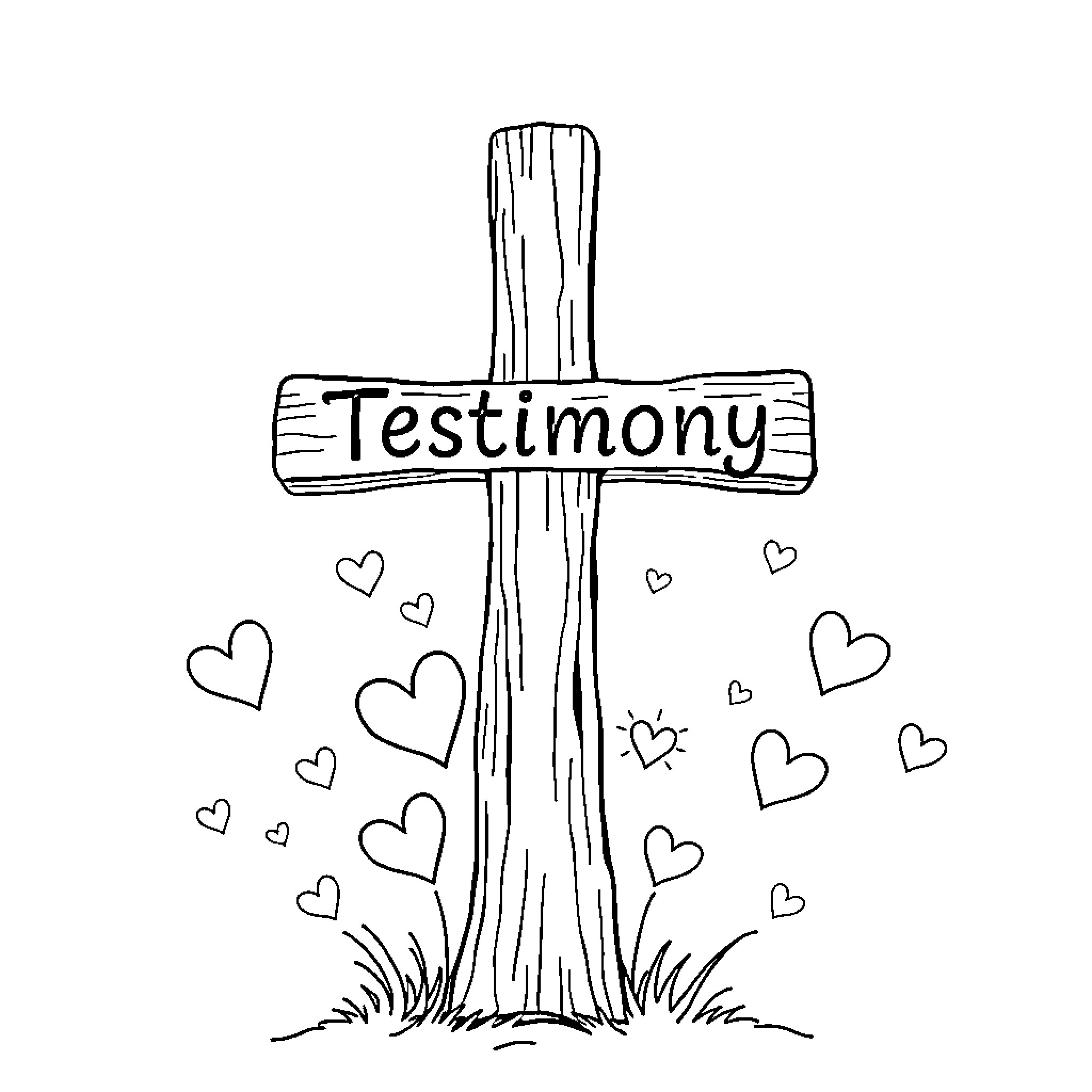 Cross displaying heartfelt Testimony Coloring Page (free black-and-white line drawing printable PDF for all, from beginners to advanced learners, including children, teens, adults, and seniors)
