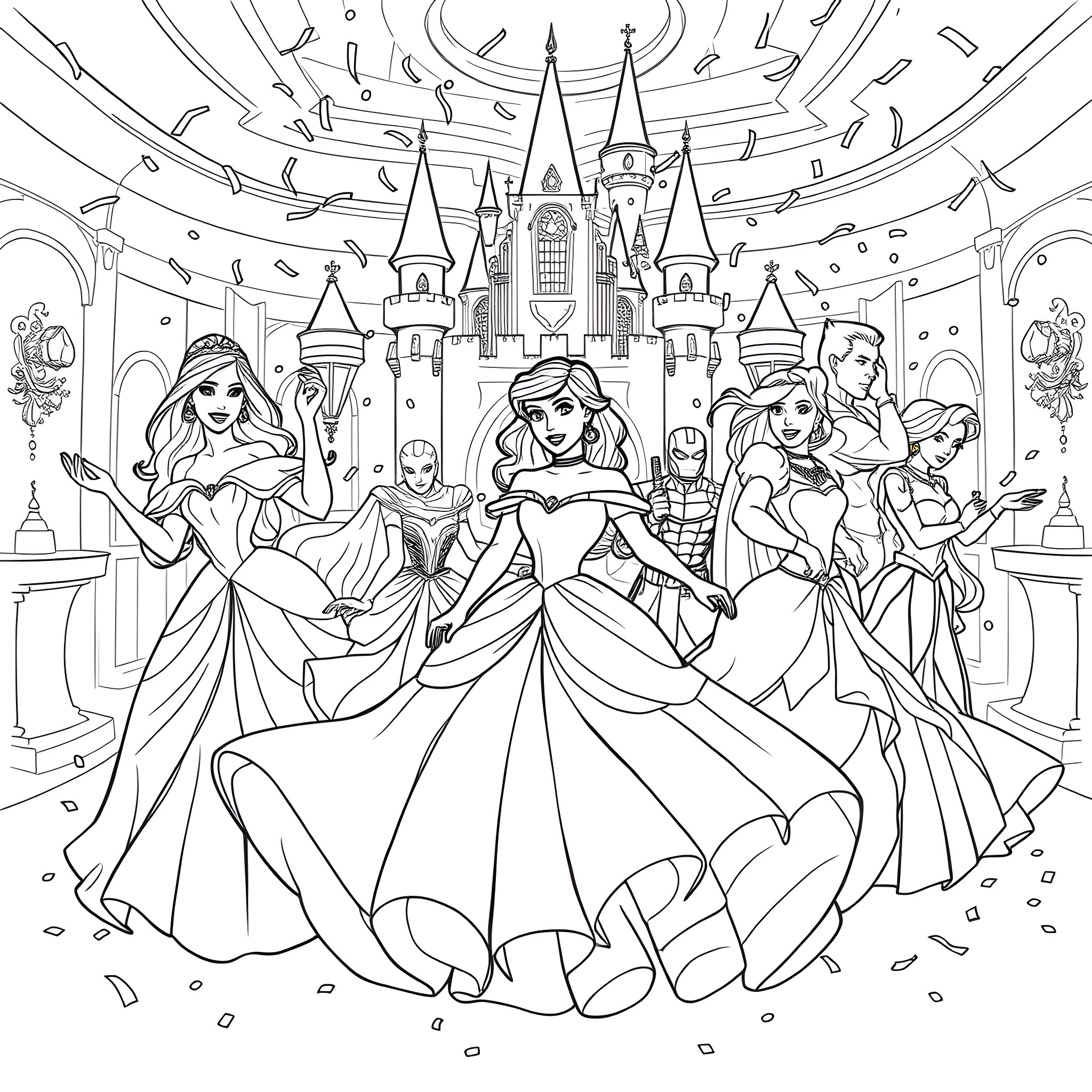 Princess Celebration in the Enchanted Castle Coloring Page (free black-and-white line drawing printable PDF for all, from beginners to advanced learners, including children, teens, adults, and seniors)