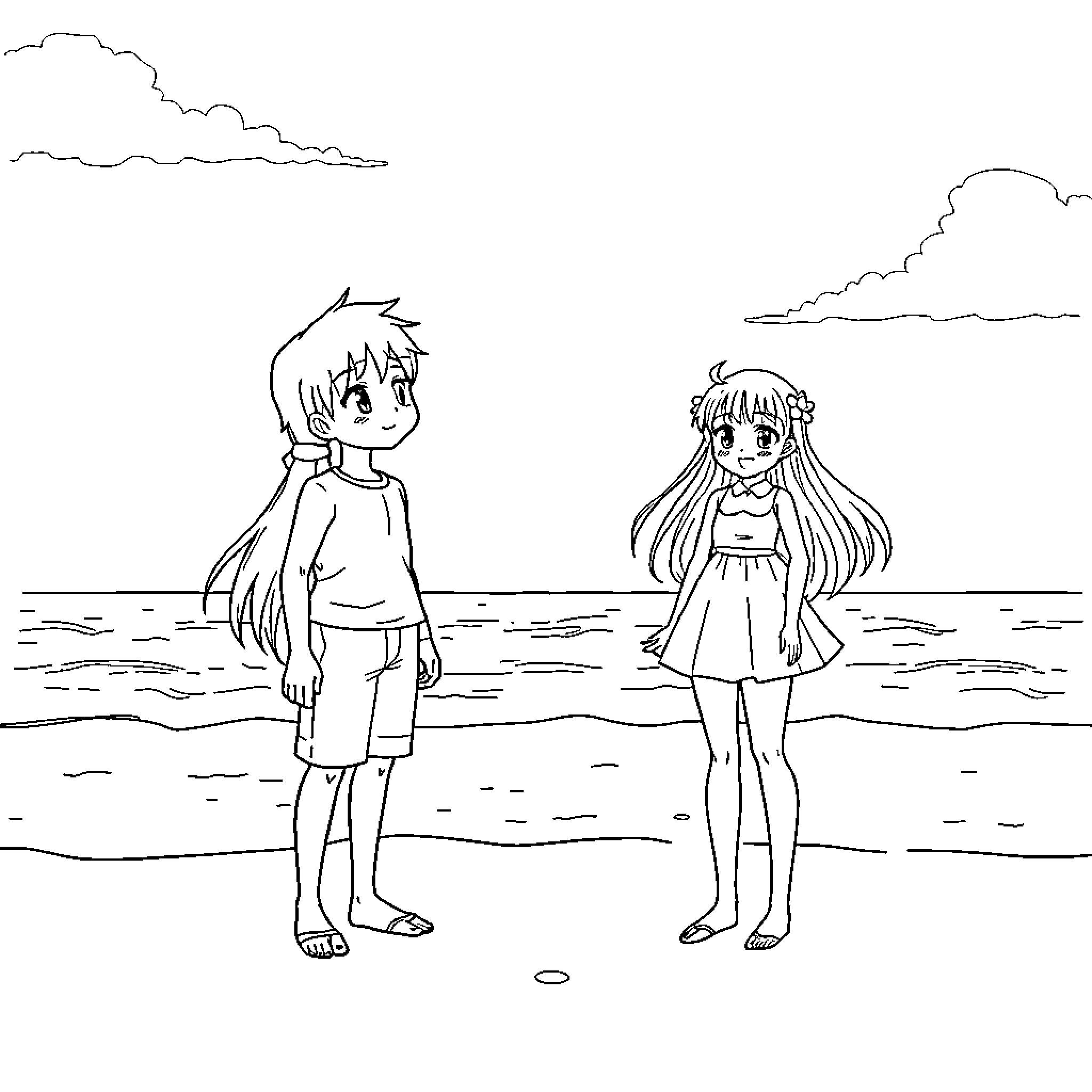 Itadori and friend enjoying the beach Coloring Page (free black-and-white line drawing printable PDF for all, from beginners to advanced learners, including children, teens, adults, and seniors)