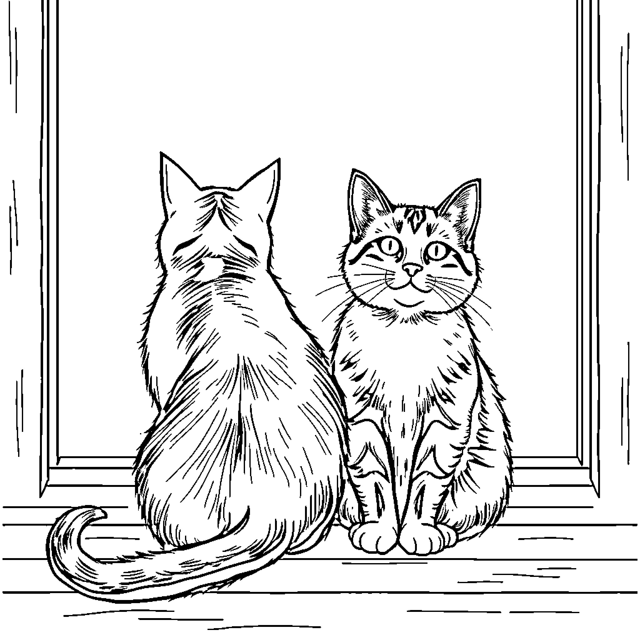 Cats Sitting Together in the Window Coloring Page (free black-and-white line drawing printable PDF for all, from beginners to advanced learners, including children, teens, adults, and seniors)