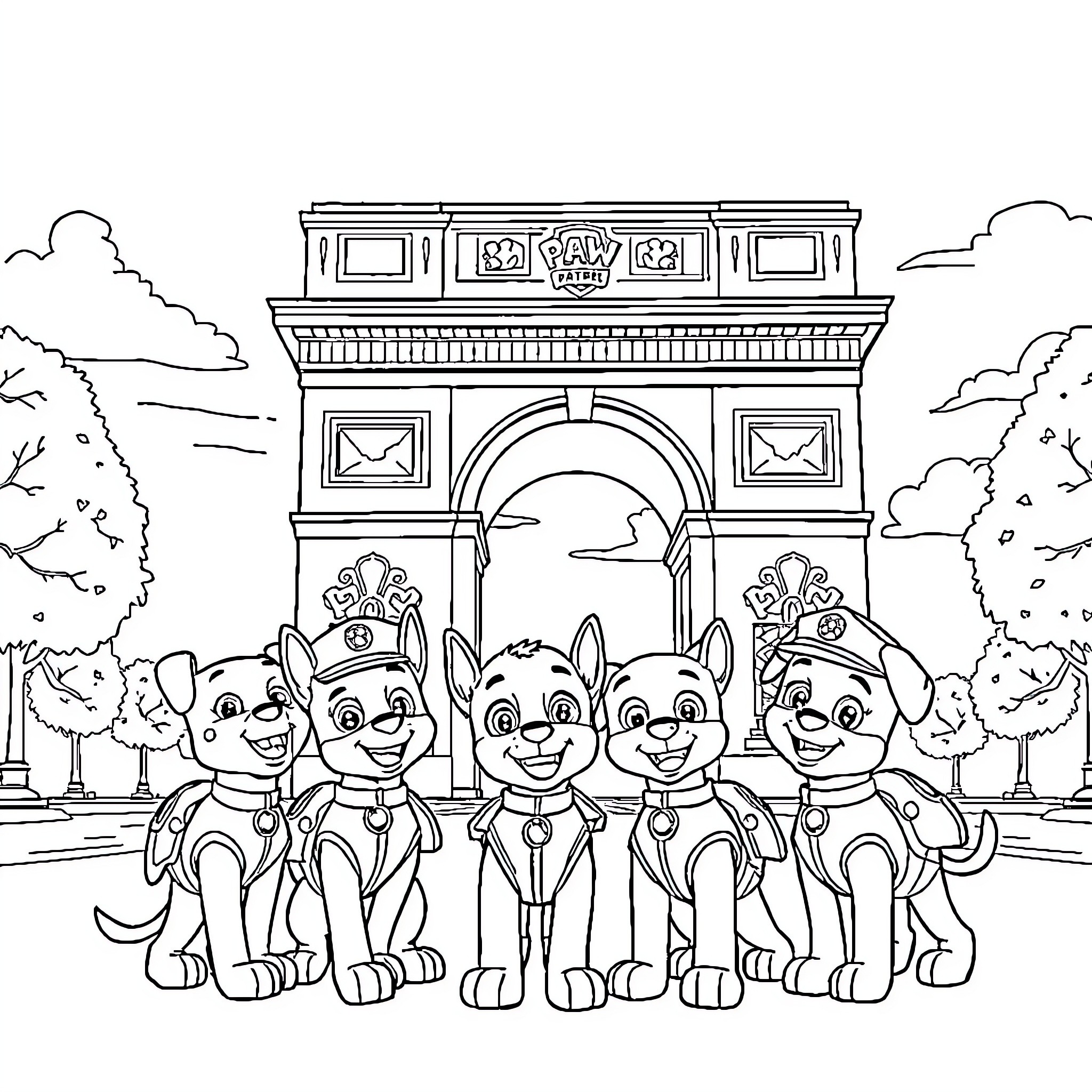 Patrouille of Adorable Puppies in Front of Famous Landmark Coloring Page (free black-and-white line drawing printable PDF for all, from beginners to advanced learners, including children, teens, adults, and seniors)