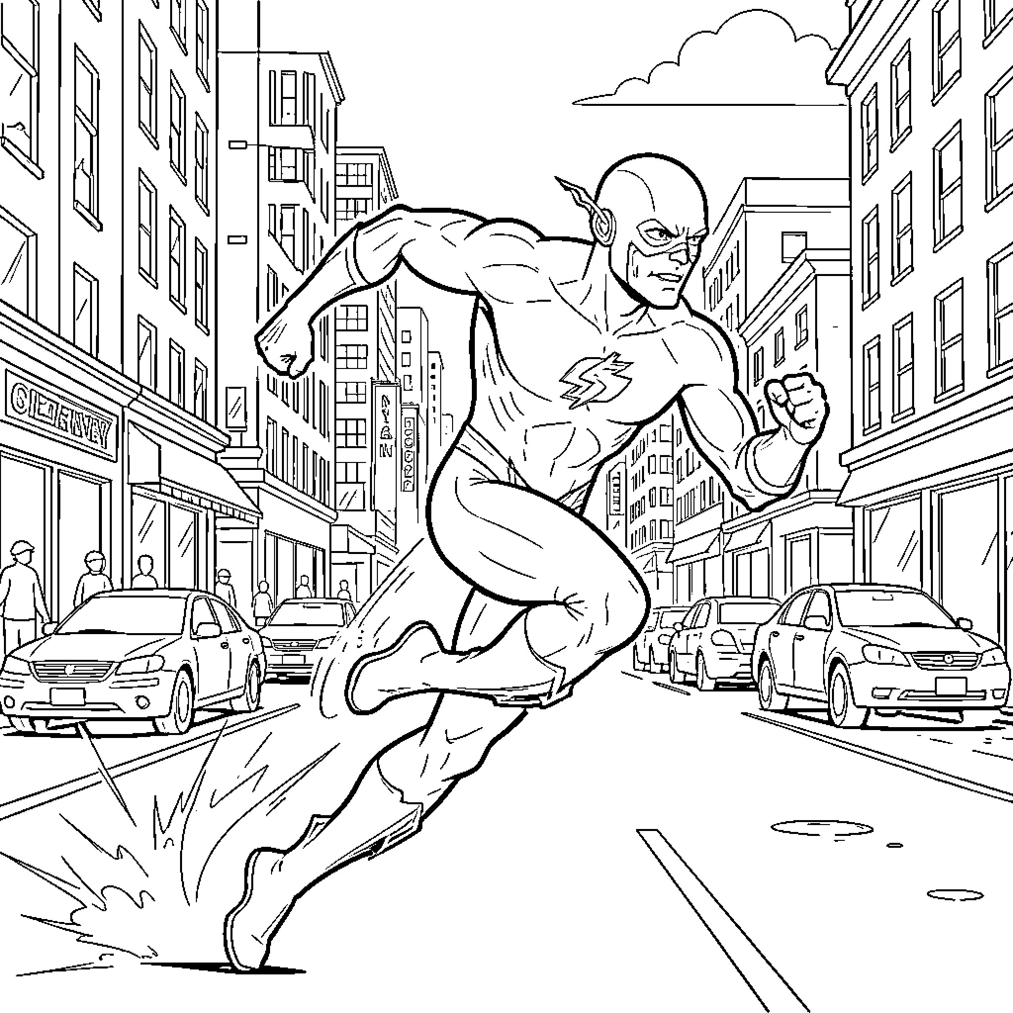 Flash running fast through a busy city street Coloring Page (free black-and-white line drawing printable PDF for all, from beginners to advanced learners, including children, teens, adults, and seniors)