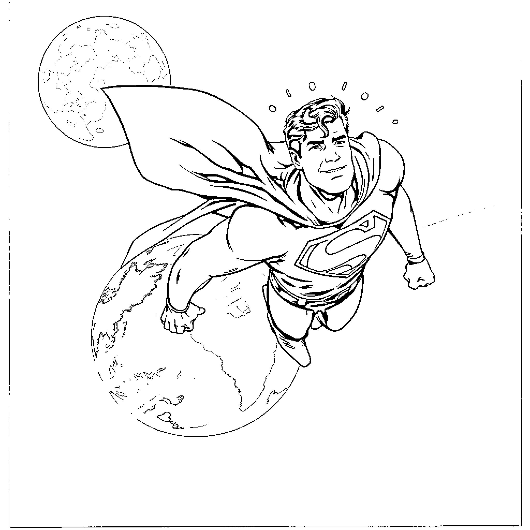 Superman soaring through the sky Coloring Page (free black-and-white line drawing printable PDF for all, from beginners to advanced learners, including children, teens, adults, and seniors)