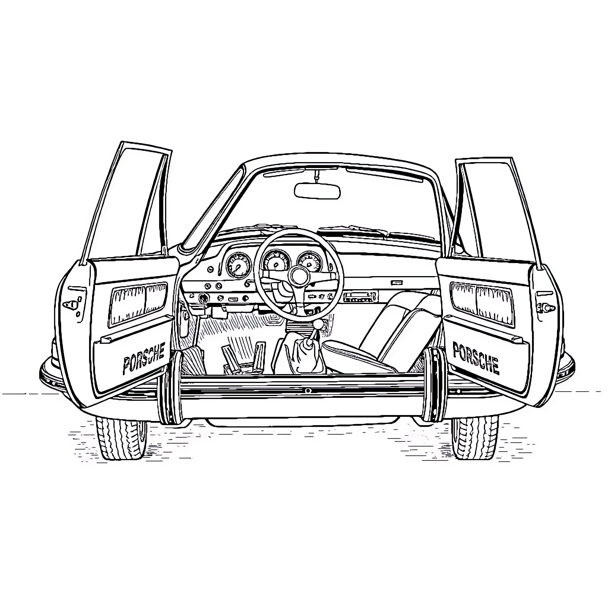 Porsche sports car interior with open doors Coloring Page (free black-and-white line drawing printable PDF for all, from beginners to advanced learners, including children, teens, adults, and seniors)