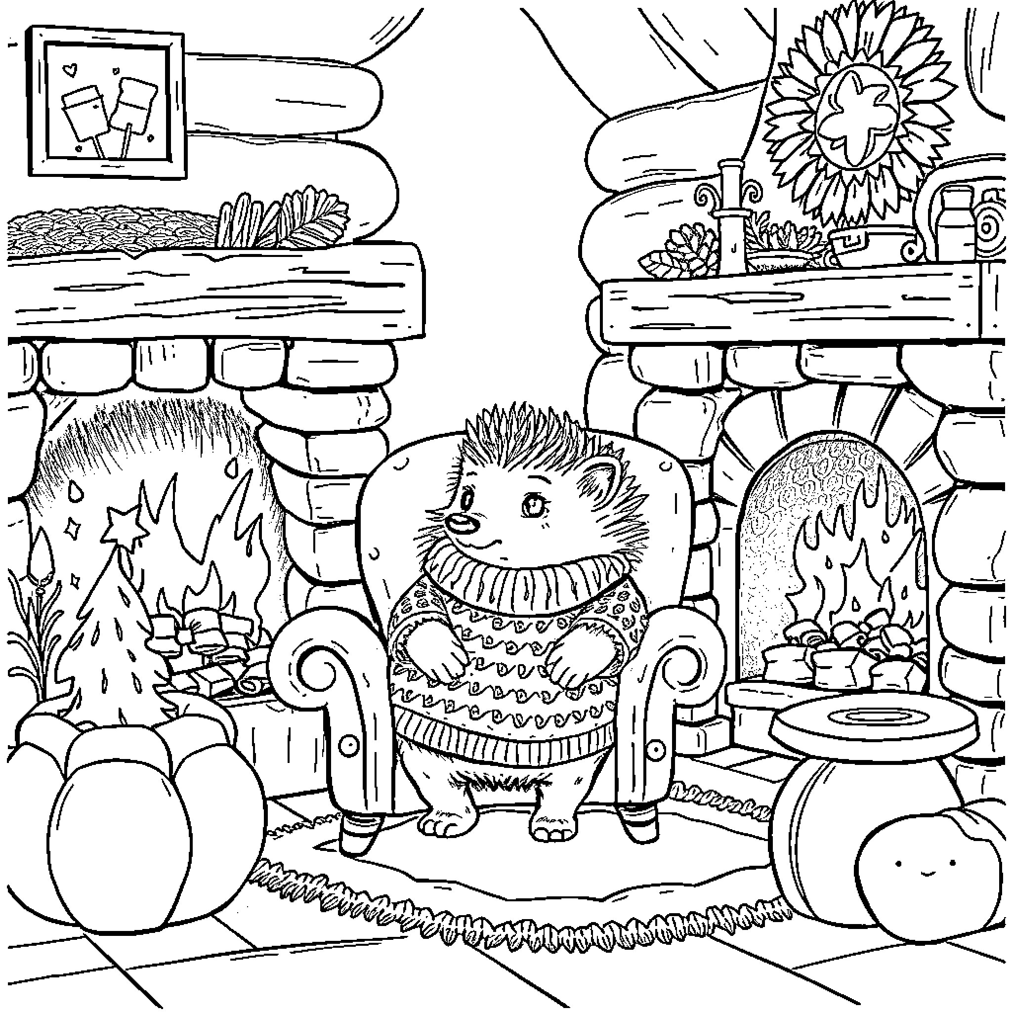 Hedgehog exploring a cozy garden scene Coloring Page (free black-and-white line drawing printable PDF for all, from beginners to advanced learners, including children, teens, adults, and seniors)