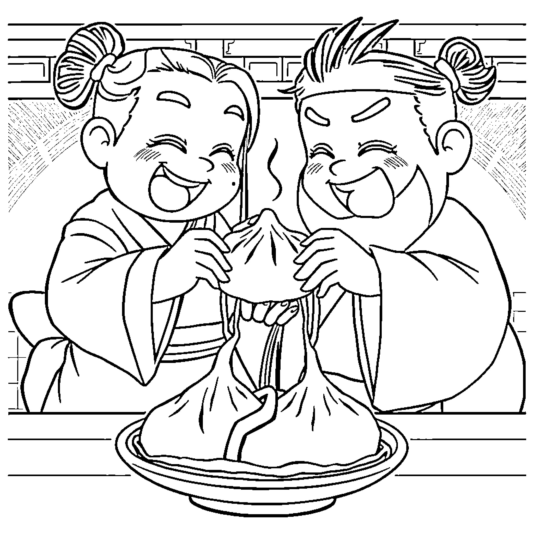 Nezuko Enjoying a Delicious Meal with Friends Coloring Page (free black-and-white line drawing printable PDF for all, from beginners to advanced learners, including children, teens, adults, and seniors)