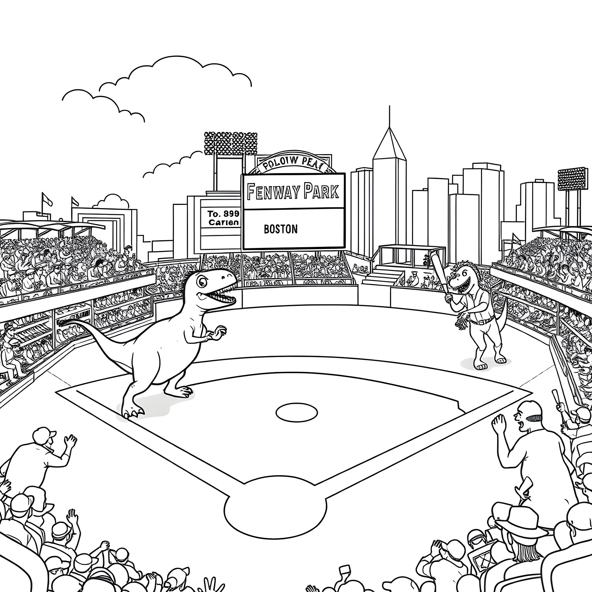 Dinosaur playing baseball at Fenway Park Coloring Page (free black-and-white line drawing printable PDF for all, from beginners to advanced learners, including children, teens, adults, and seniors)