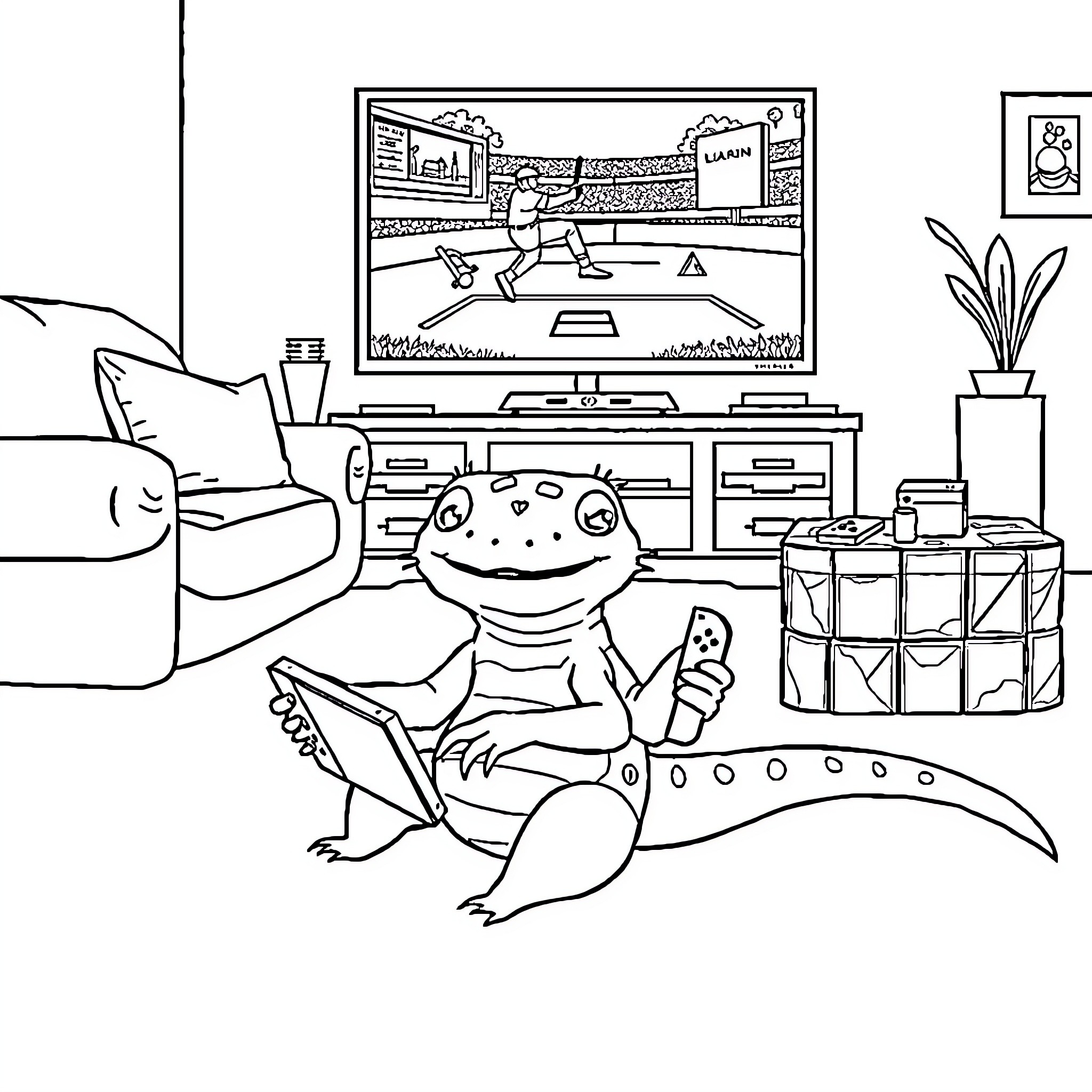 Axolotl playing video game on couch Coloring Page (free black-and-white line drawing printable PDF for all, from beginners to advanced learners, including children, teens, adults, and seniors)